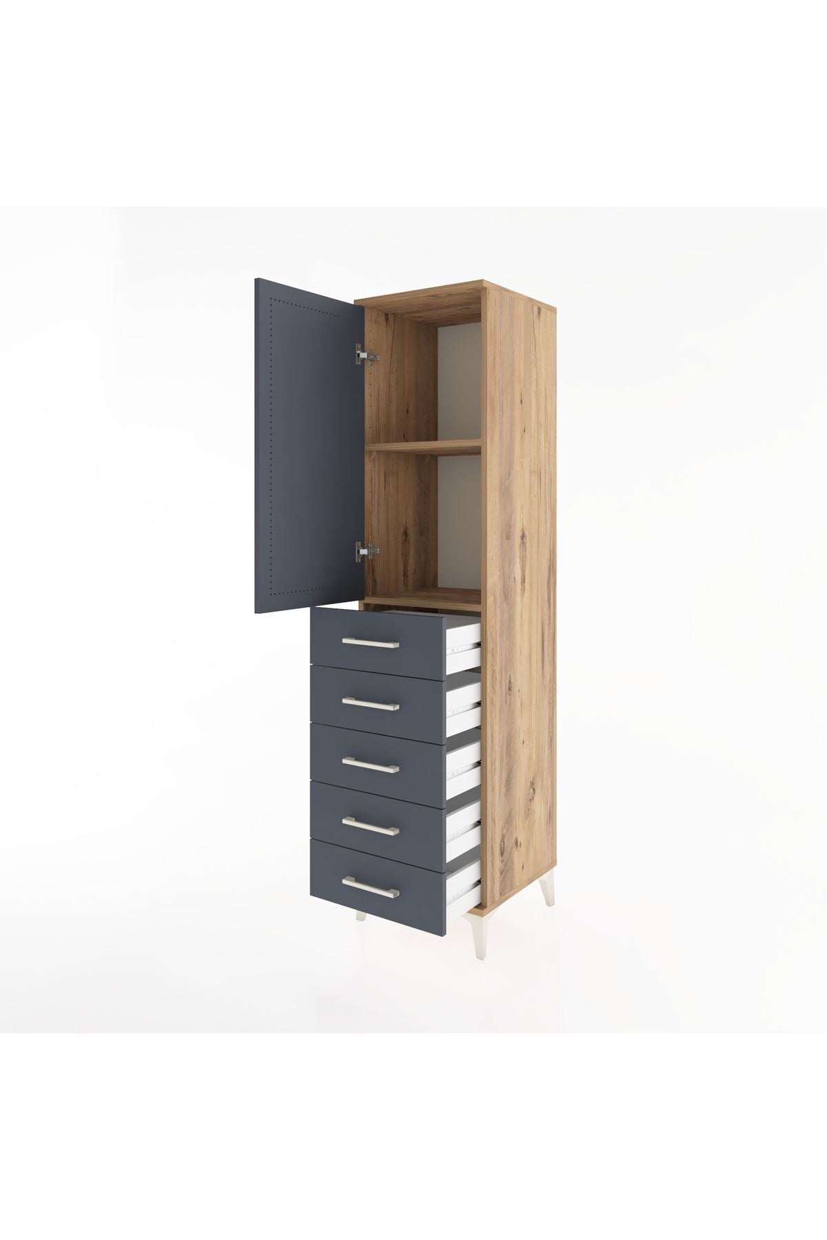 Hyperion Dolap 2 Raflı 5 Çekmeceli Tek Kapaklı 44x44x182 Çam-Antrasit