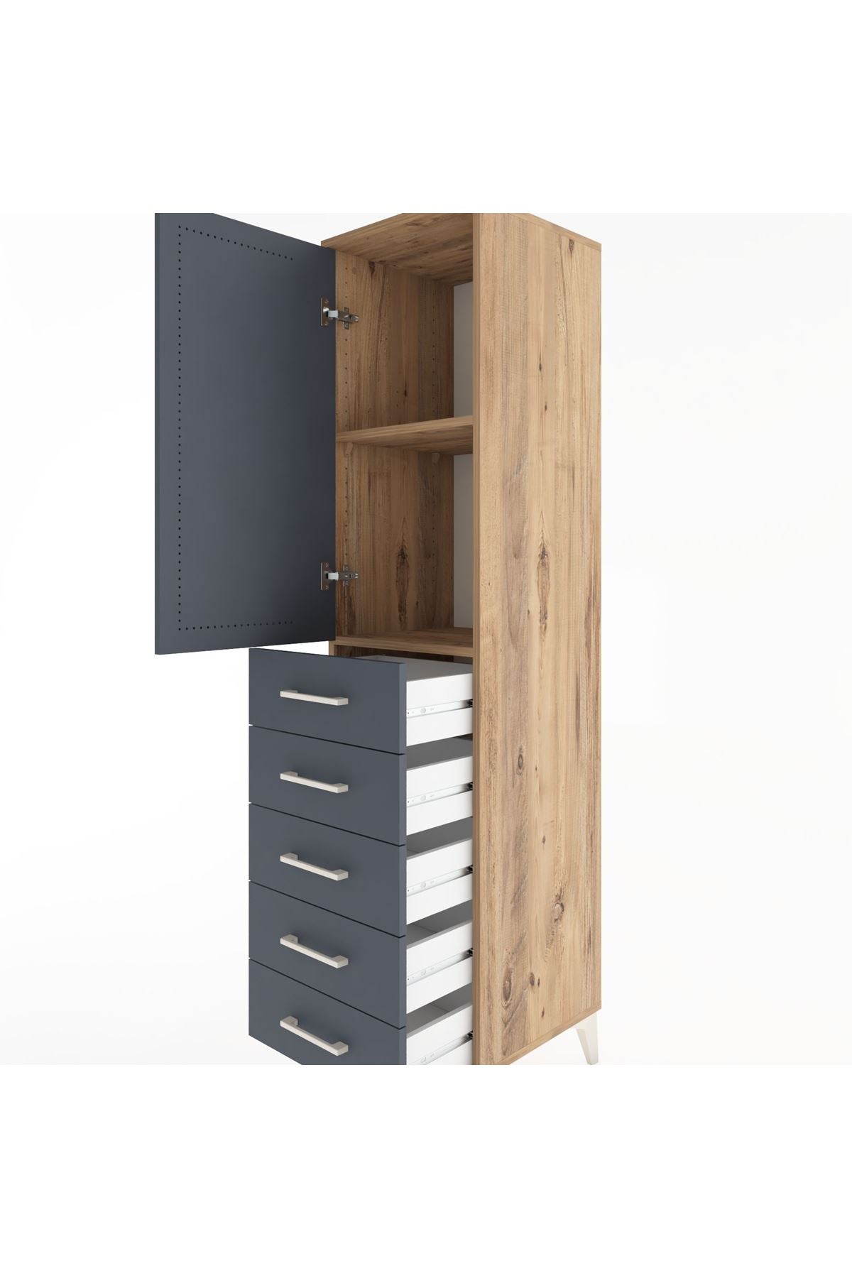 Hyperion Dolap 2 Raflı 5 Çekmeceli Tek Kapaklı 44x44x182 Çam-Antrasit