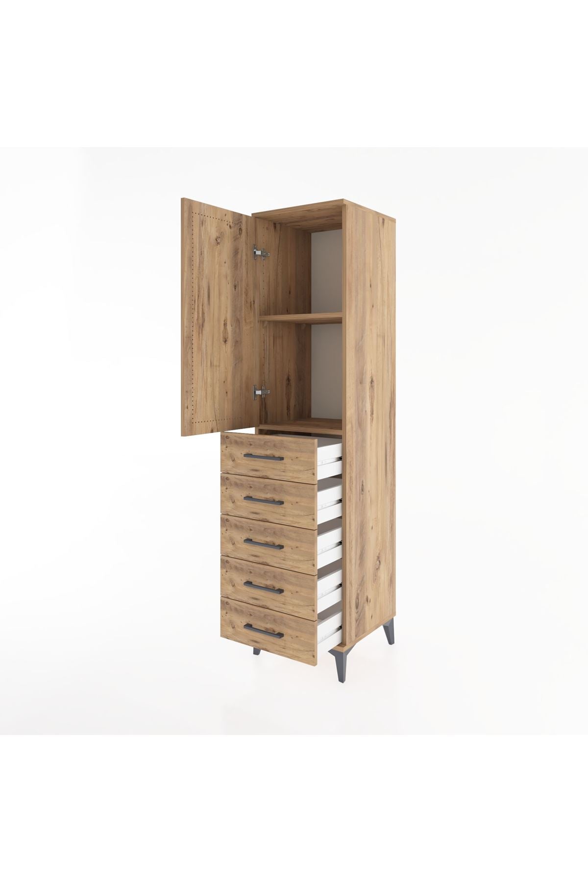 Hyperion Dolap 2 Raflı 5 Çekmeceli Tek Kapaklı 44x44x182 Çam-Çam