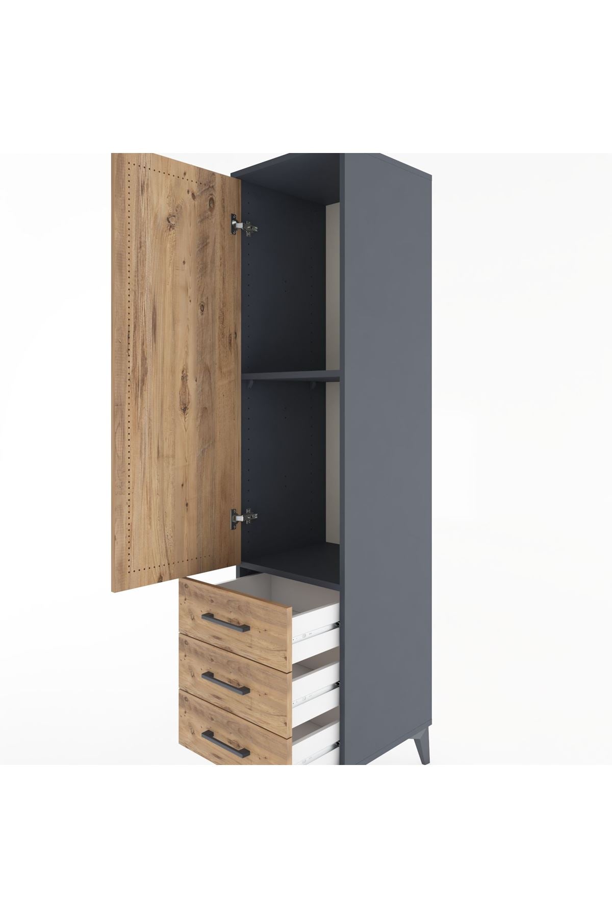 Hyperion Dolap 2 Raflı 3 Çekmeceli Tek Kapaklı 44x44x182 Antrasit-Çam