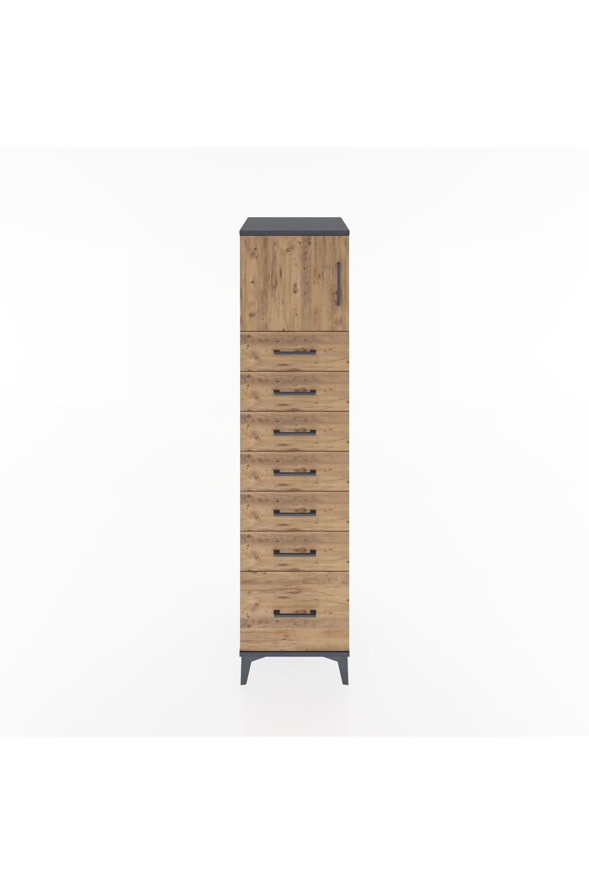 Hyperion Dolap Tek Raflı 7 Çekmeceli Tek Kapaklı 44x44x182 Antrasit-Çam