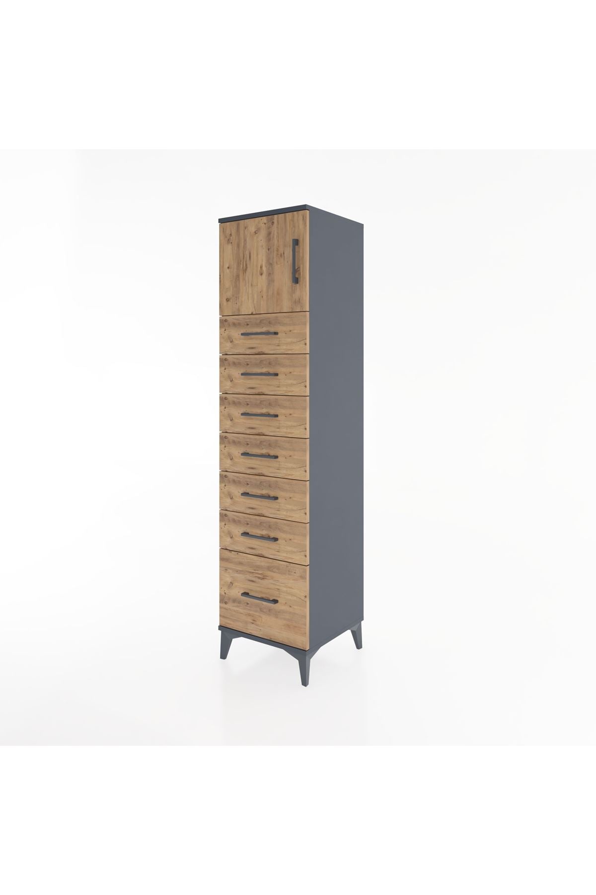 Hyperion Dolap Tek Raflı 7 Çekmeceli Tek Kapaklı 44x44x182 Antrasit-Çam