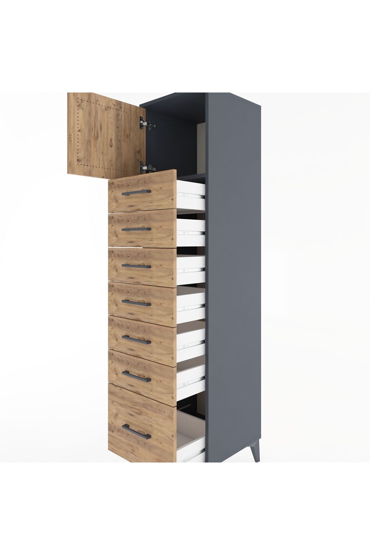 Hyperion Dolap Tek Raflı 7 Çekmeceli Tek Kapaklı 44x44x182 Antrasit-Çam