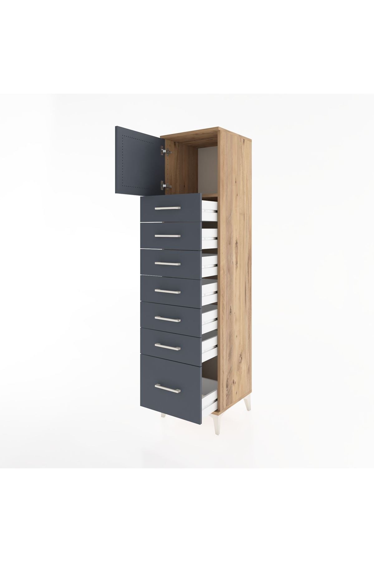 Hyperion Dolap Tek Raflı 7 Çekmeceli Tek Kapaklı 44x44x182 Çam-Antrasit