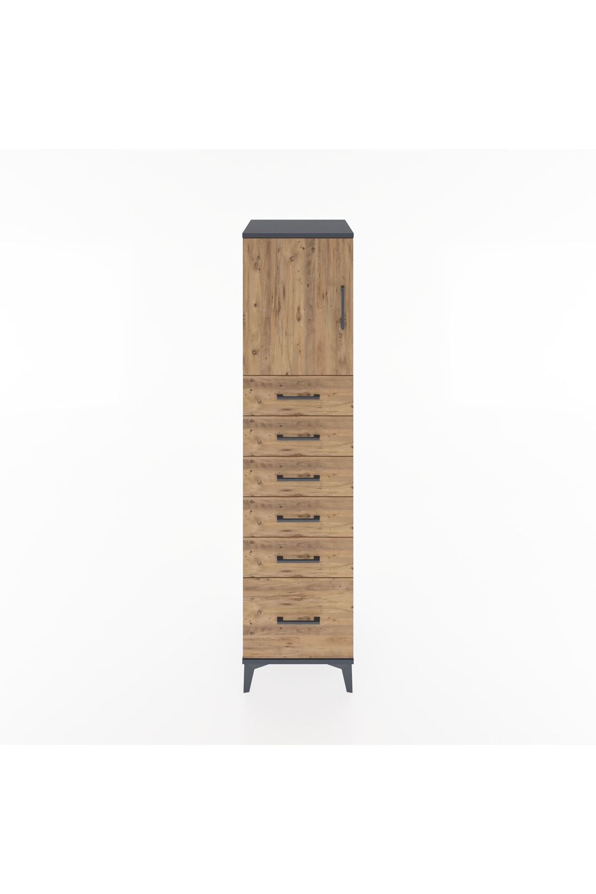 Hyperion Dolap Tek Raflı 6 Çekmeceli Tek Kapaklı 44x44x182 Antrasit-Çam