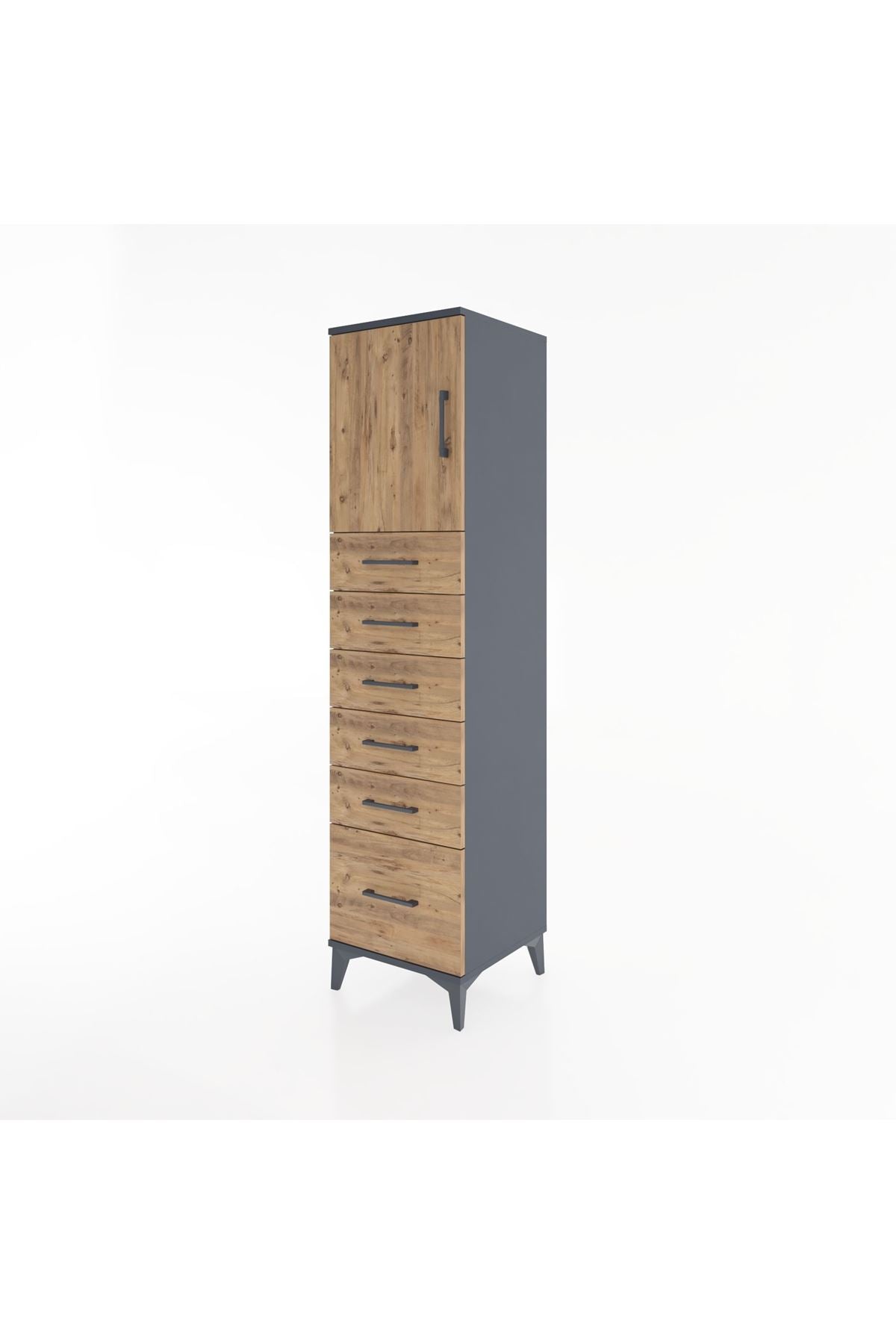 Hyperion Dolap Tek Raflı 6 Çekmeceli Tek Kapaklı 44x44x182 Antrasit-Çam