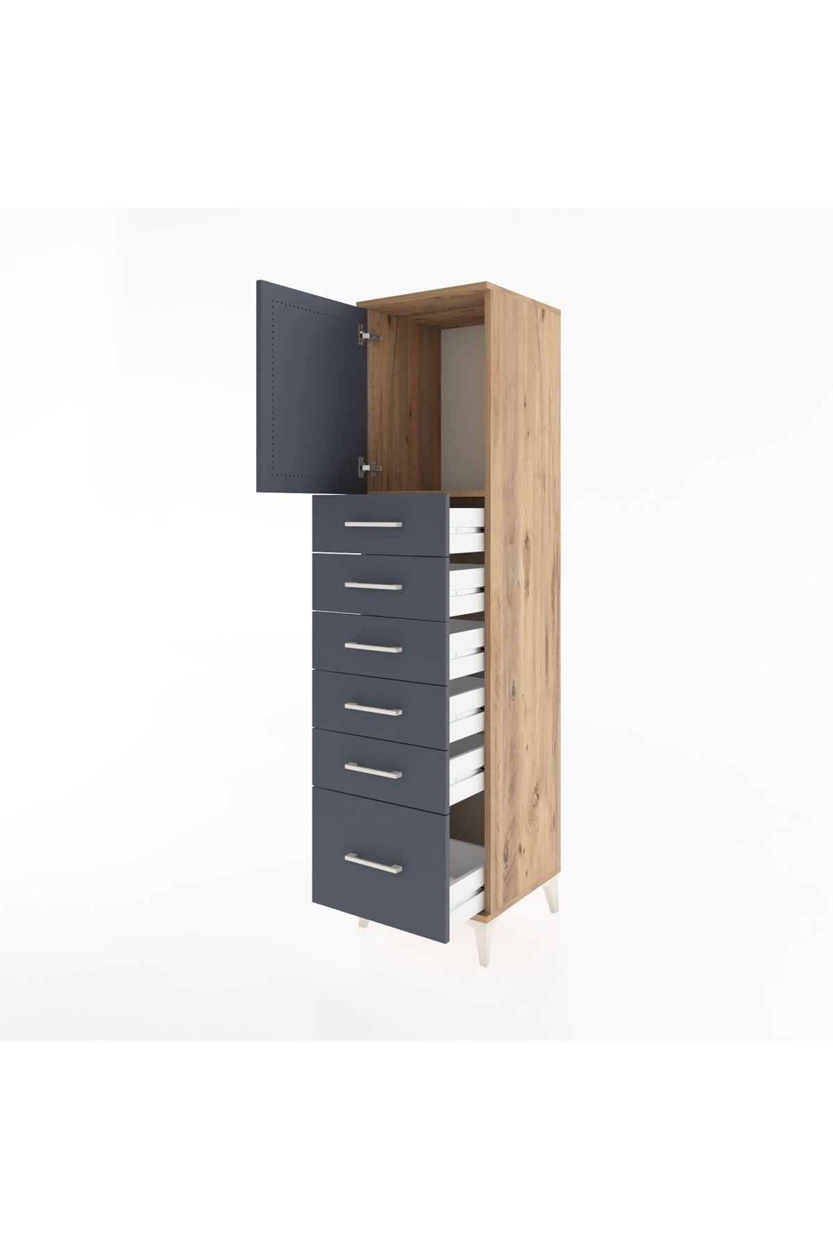 Hyperion Dolap Tek Raflı 6 Çekmeceli Tek Kapaklı 44x44x182 Çam-Antrasit