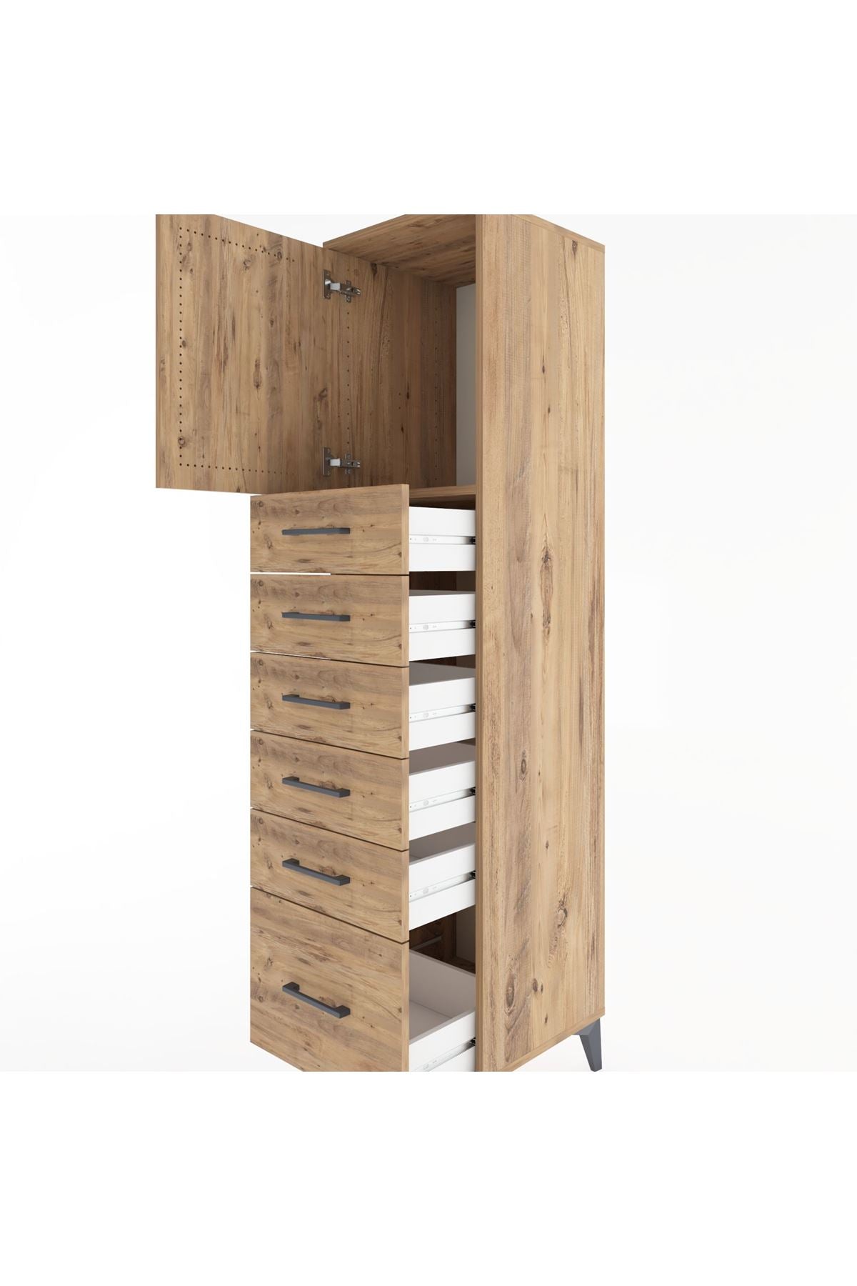 Hyperion Dolap Tek Raflı 6 Çekmeceli Tek Kapaklı 44x44x182 Çam-Çam