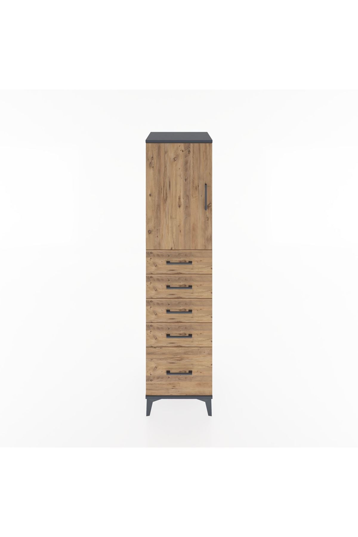 Hyperion Dolap Tek Raflı 5 Çekmeceli Tek Kapaklı 44x44x182 Antrasit-Çam