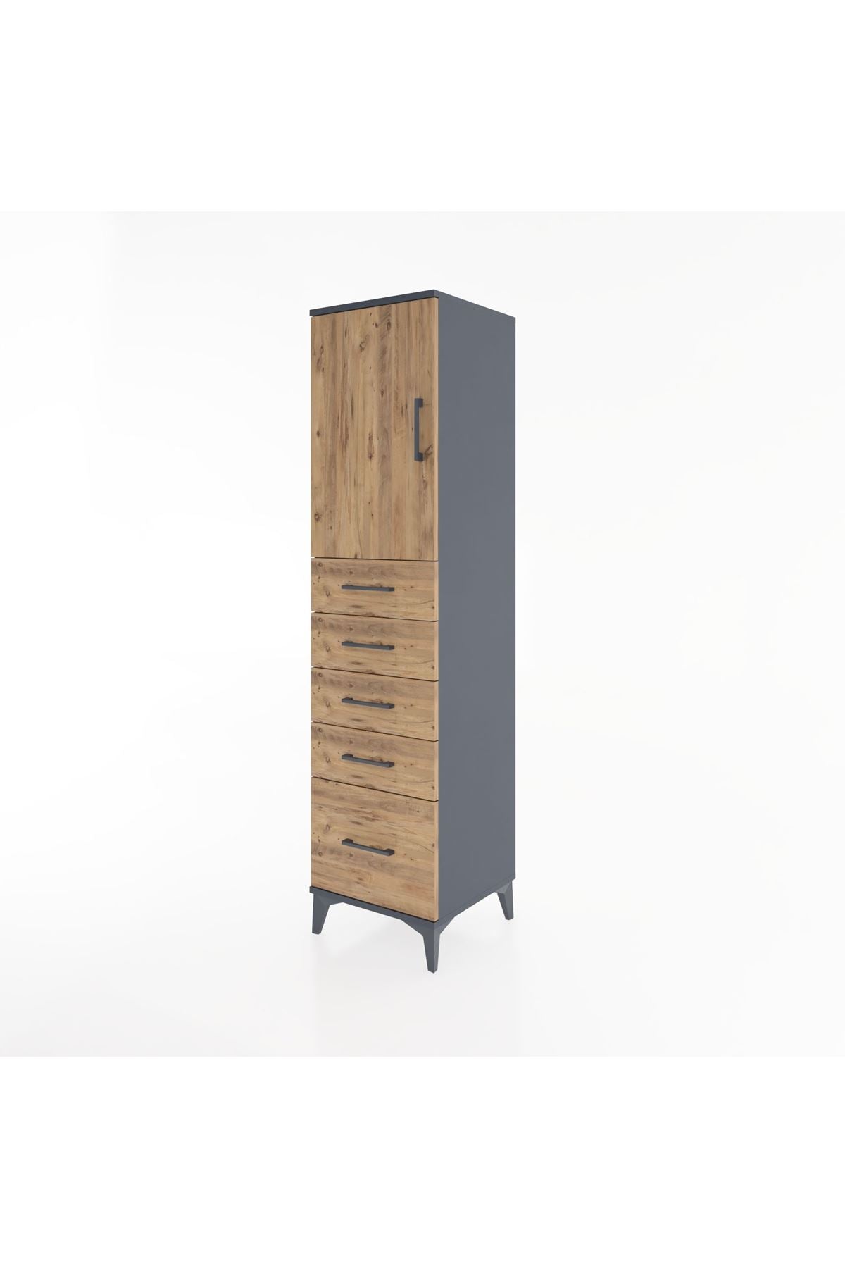 Hyperion Dolap Tek Raflı 5 Çekmeceli Tek Kapaklı 44x44x182 Antrasit-Çam