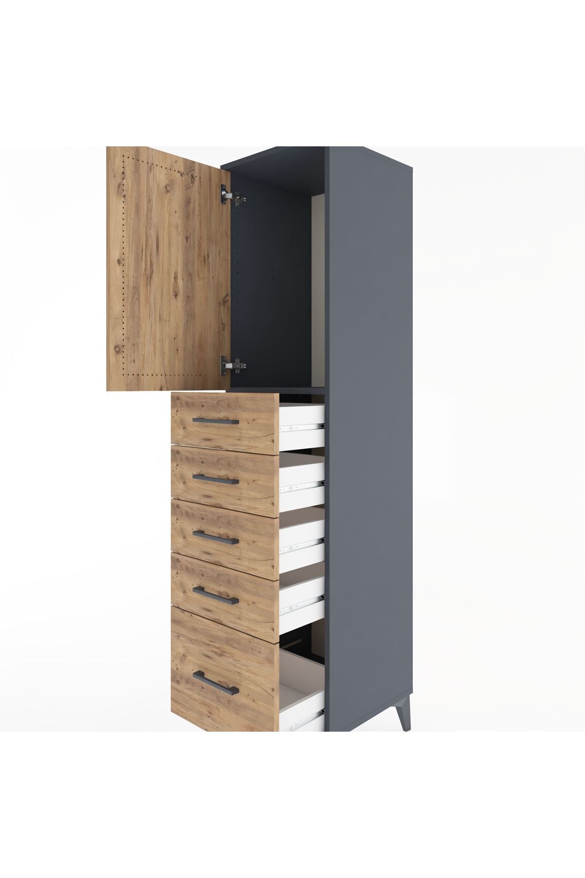 Hyperion Dolap Tek Raflı 5 Çekmeceli Tek Kapaklı 44x44x182 Antrasit-Çam
