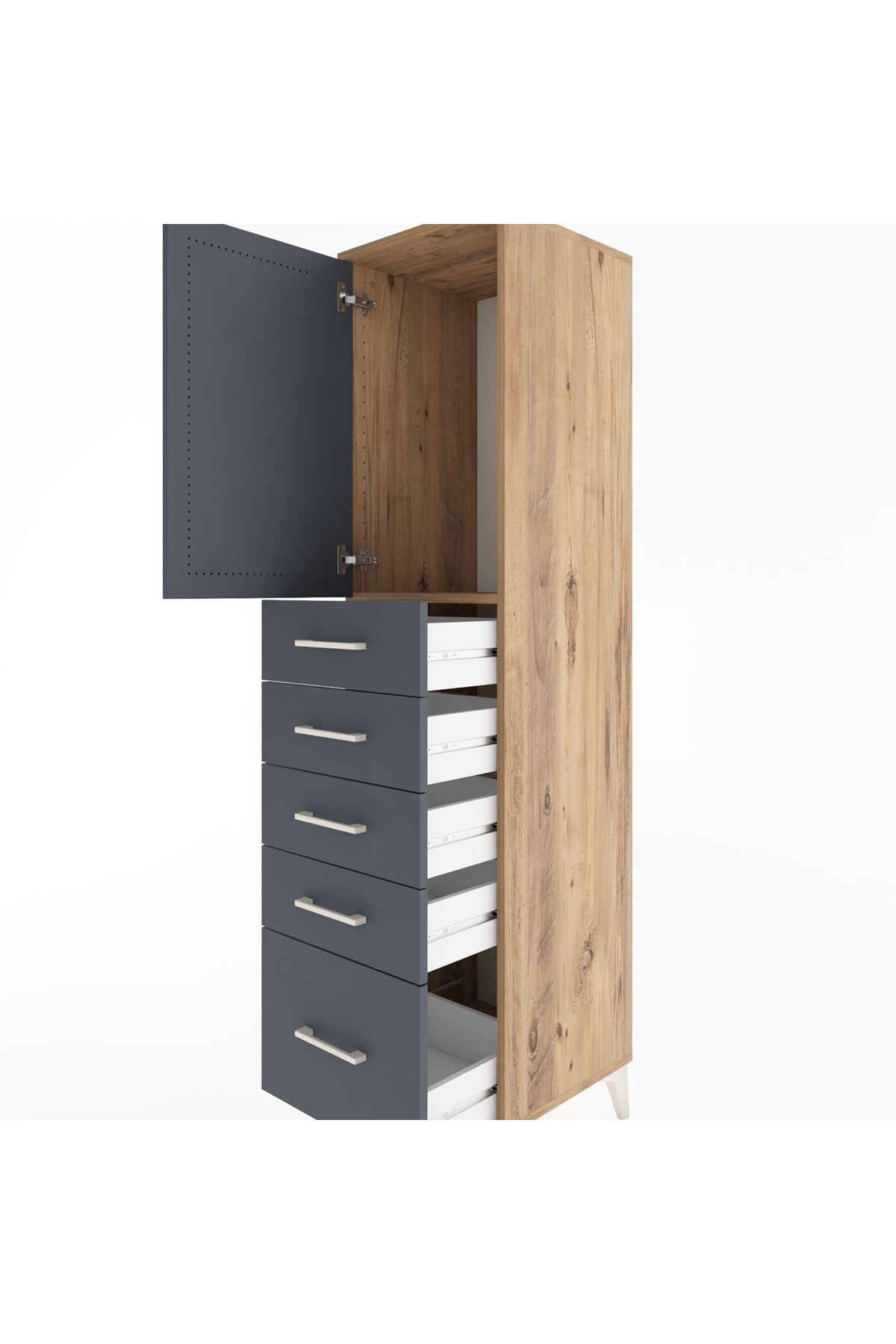 Hyperion Dolap Tek Raflı 5 Çekmeceli Tek Kapaklı 44x44x182 Çam-Antrasit