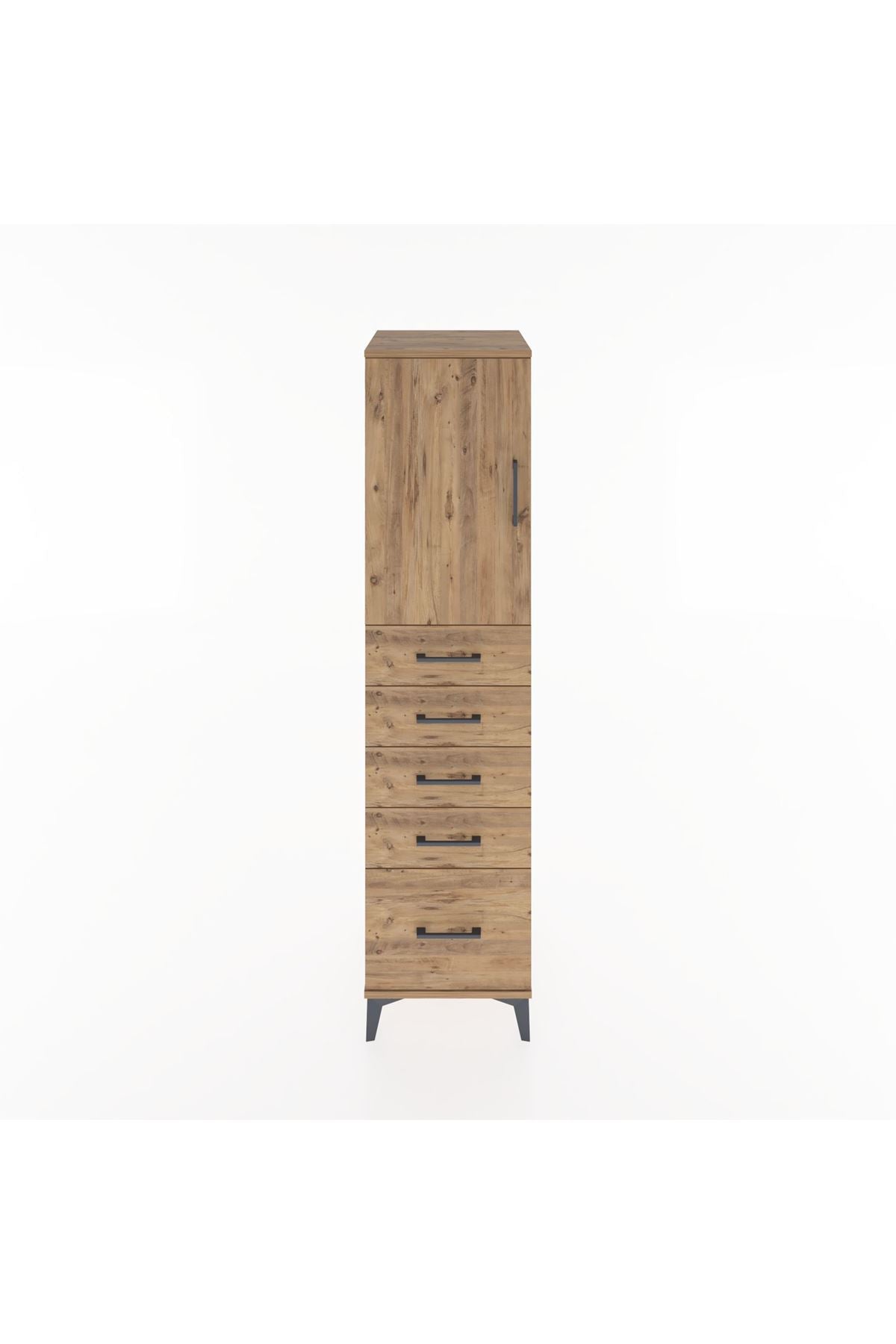 Hyperion Dolap Tek Raflı 5 Çekmeceli Tek Kapaklı 44x44x182 Çam-Çam
