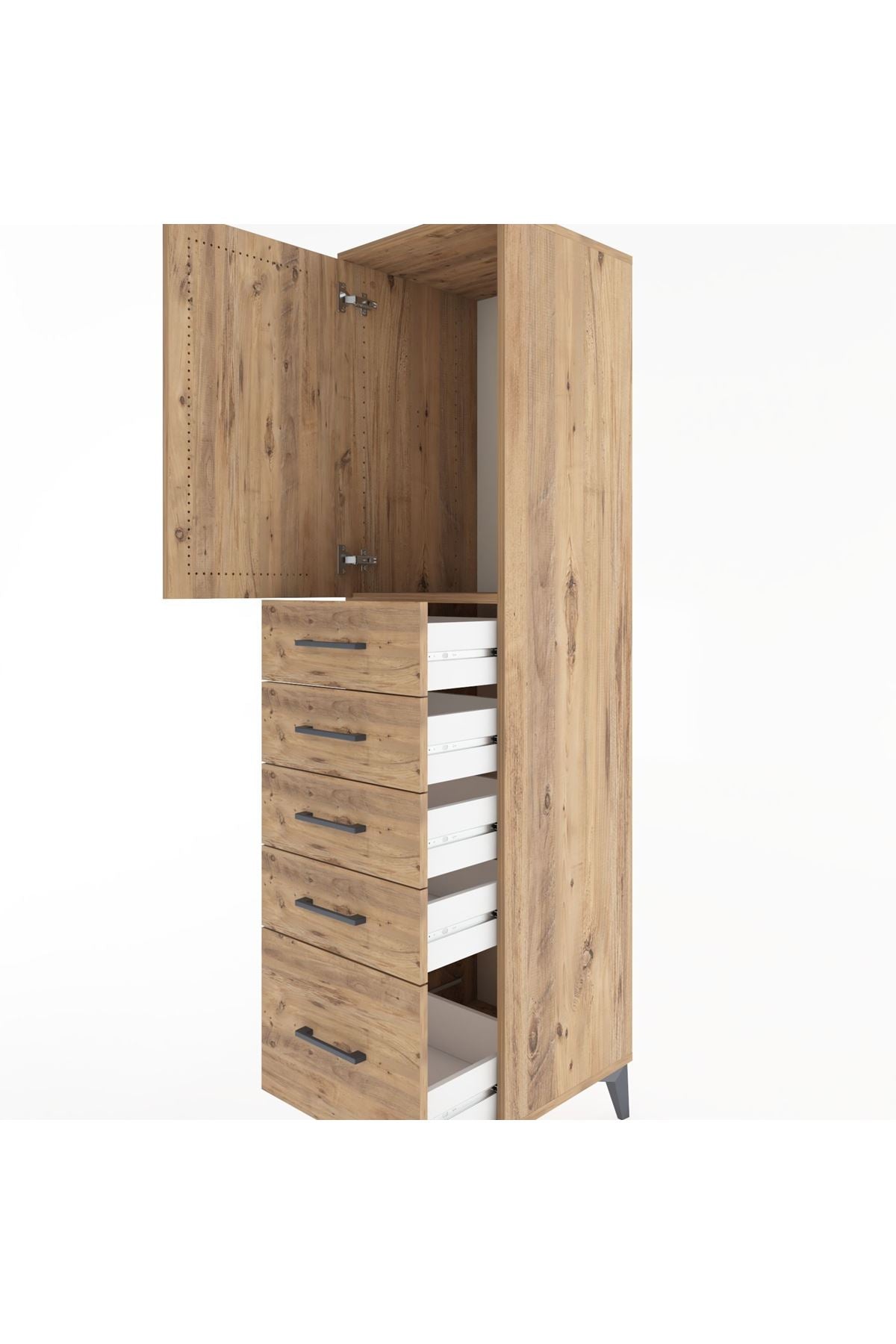 Hyperion Dolap Tek Raflı 5 Çekmeceli Tek Kapaklı 44x44x182 Çam-Çam