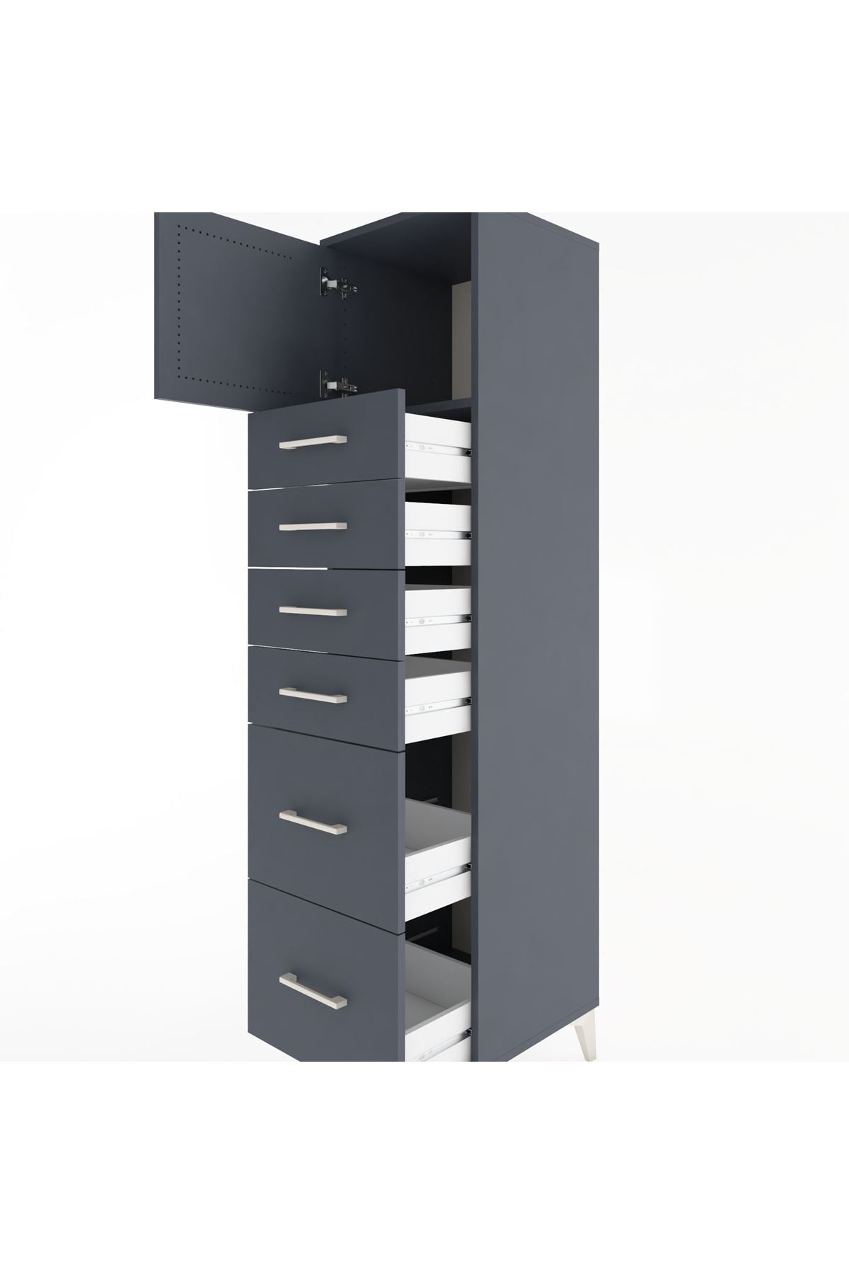 Hyperion Dolap Tek Raflı 6 Çekmeceli Tek Kapaklı 44x44x182 Antrasit-Antrasit