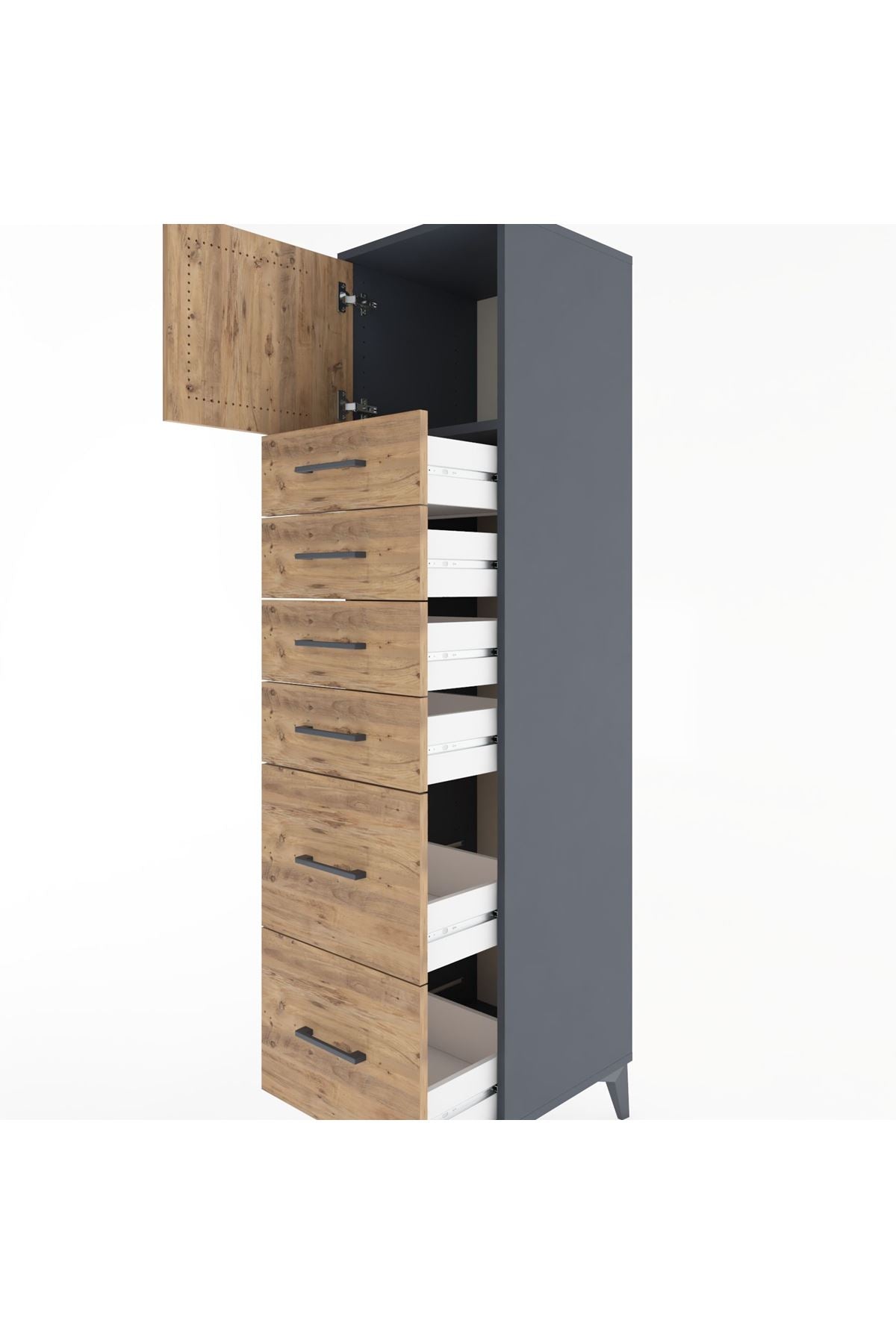 Hyperion Dolap Tek Raflı 6 Çekmeceli Tek Kapaklı 44x44x182 Antrasit-Çam