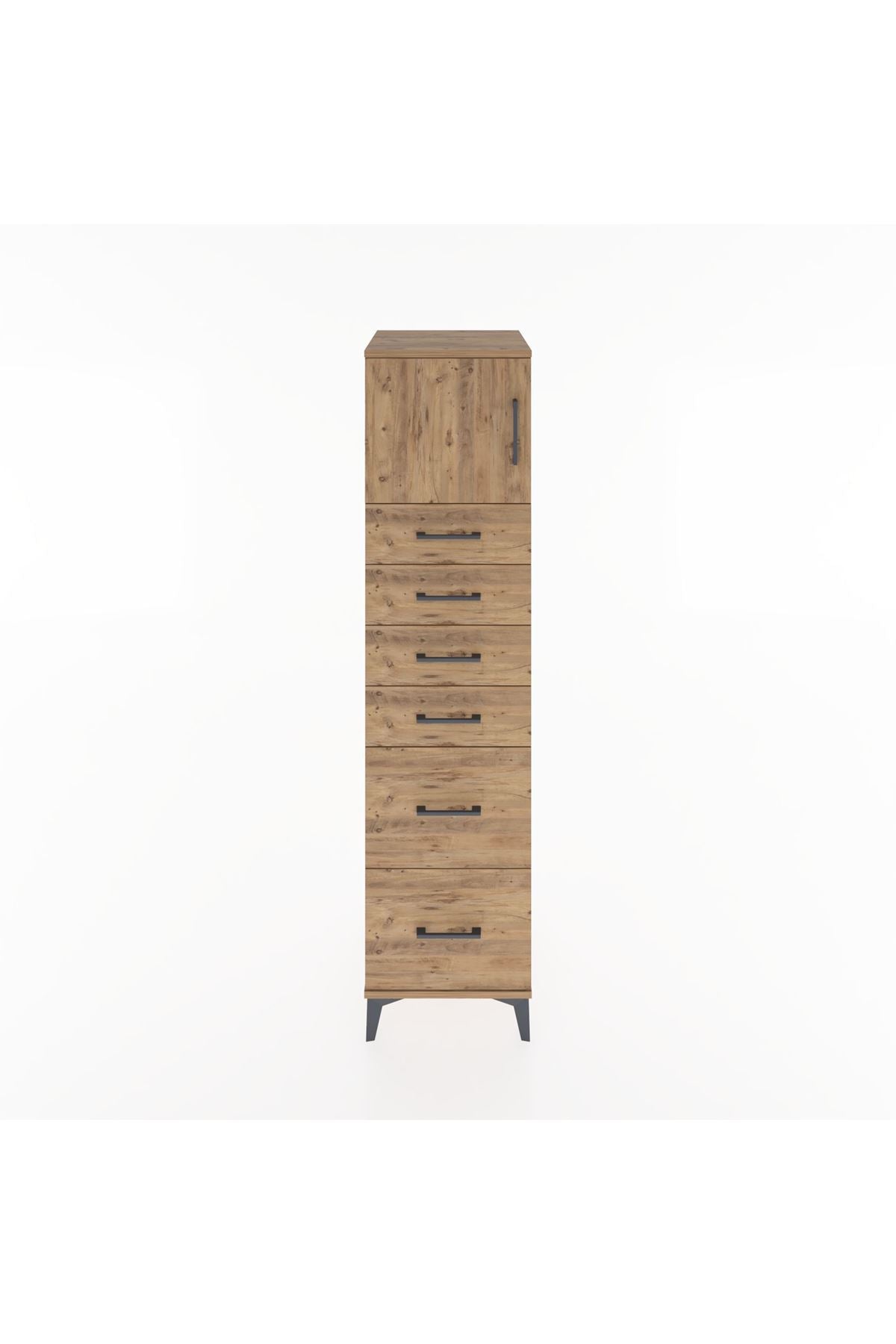 Hyperion Dolap Tek Raflı 6 Çekmeceli Tek Kapaklı 44x44x182 Çam-Çam