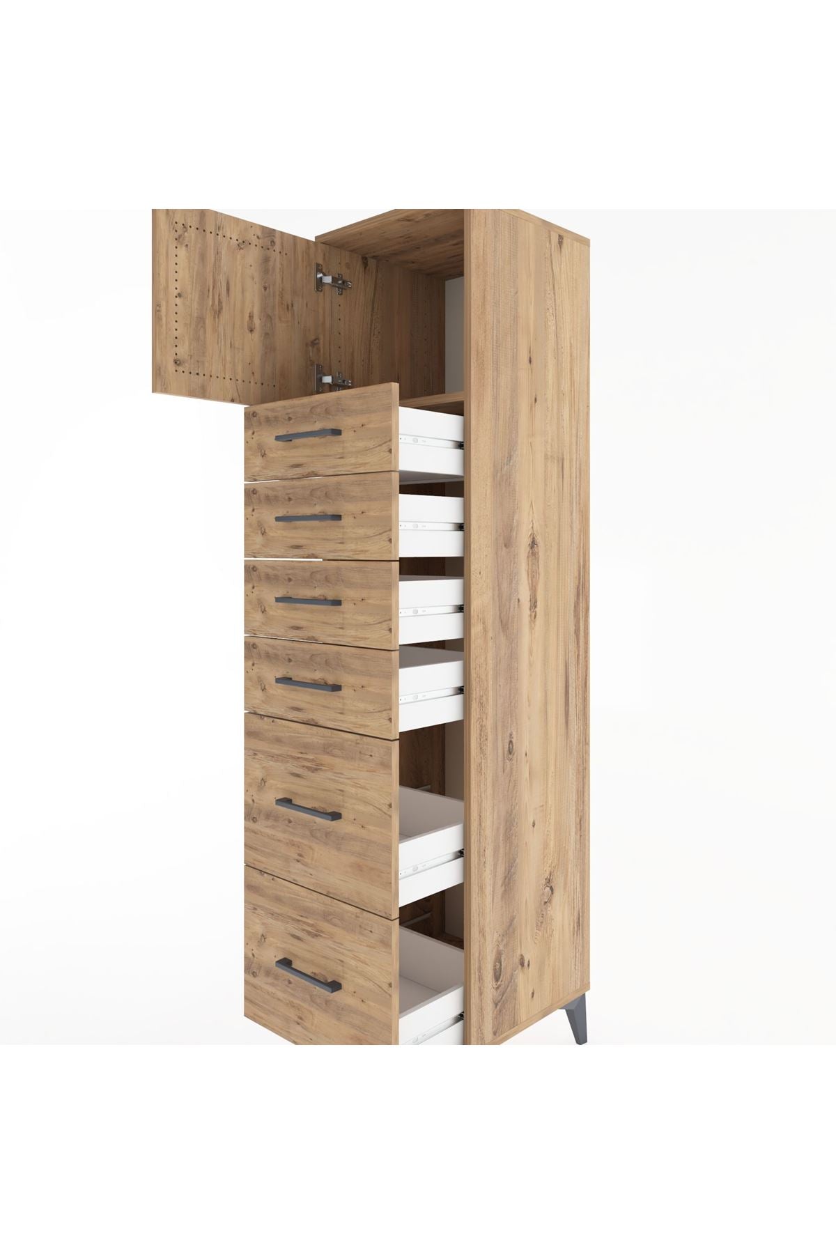 Hyperion Dolap Tek Raflı 6 Çekmeceli Tek Kapaklı 44x44x182 Çam-Çam