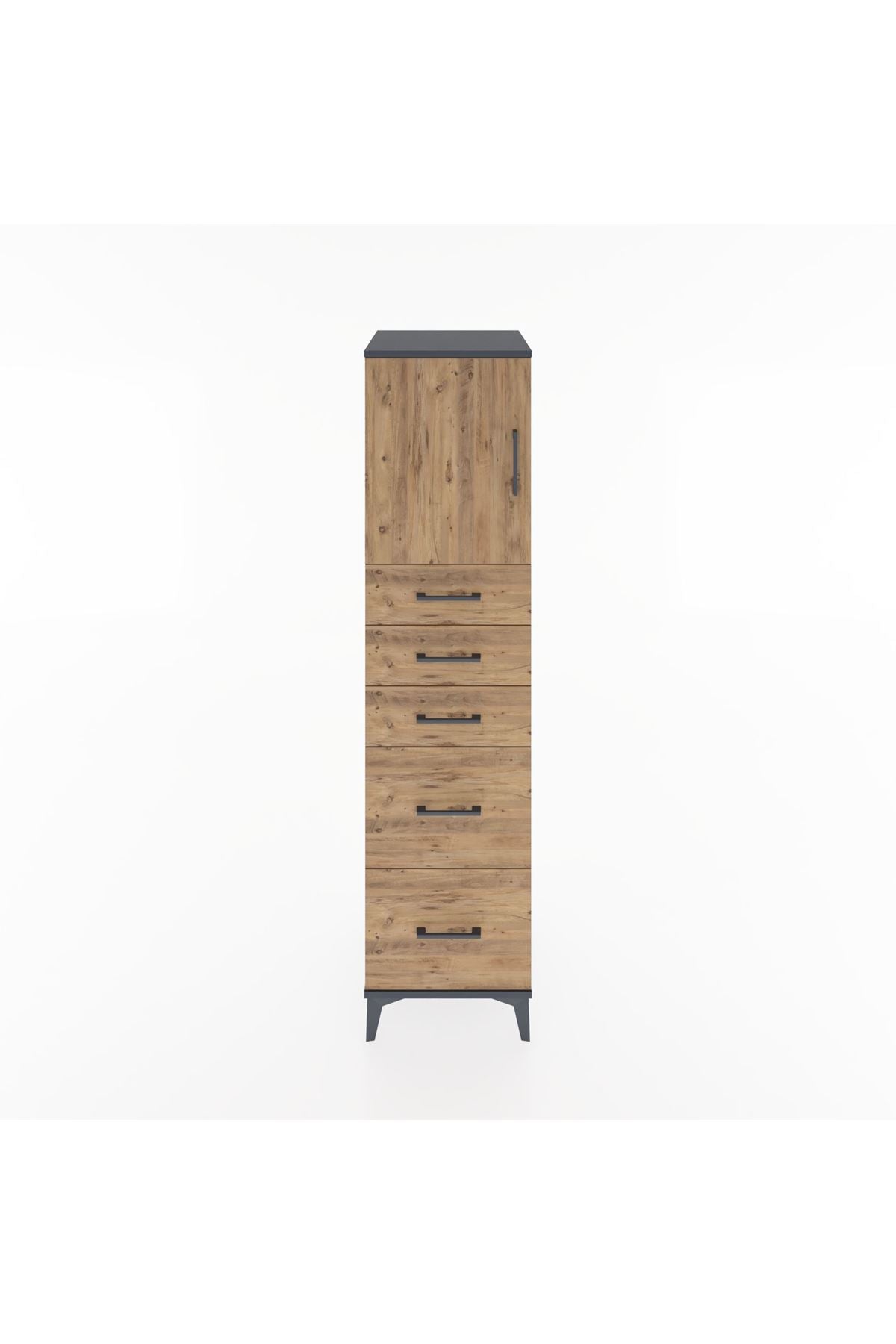 Hyperion Dolap Tek Raflı 5 Çekmeceli Tek Kapaklı 44x44x182 Antrasit-Çam