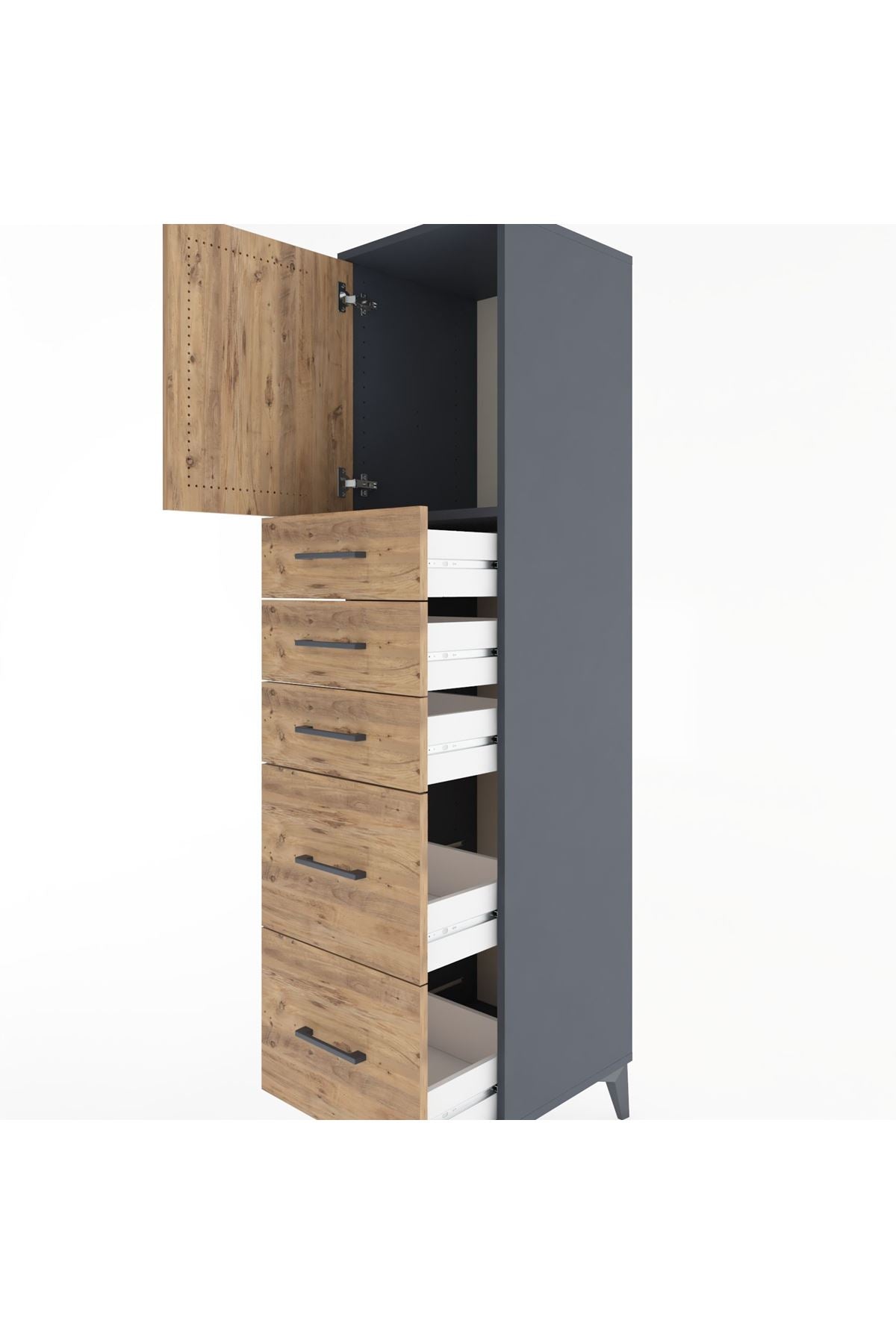 Hyperion Dolap Tek Raflı 5 Çekmeceli Tek Kapaklı 44x44x182 Antrasit-Çam