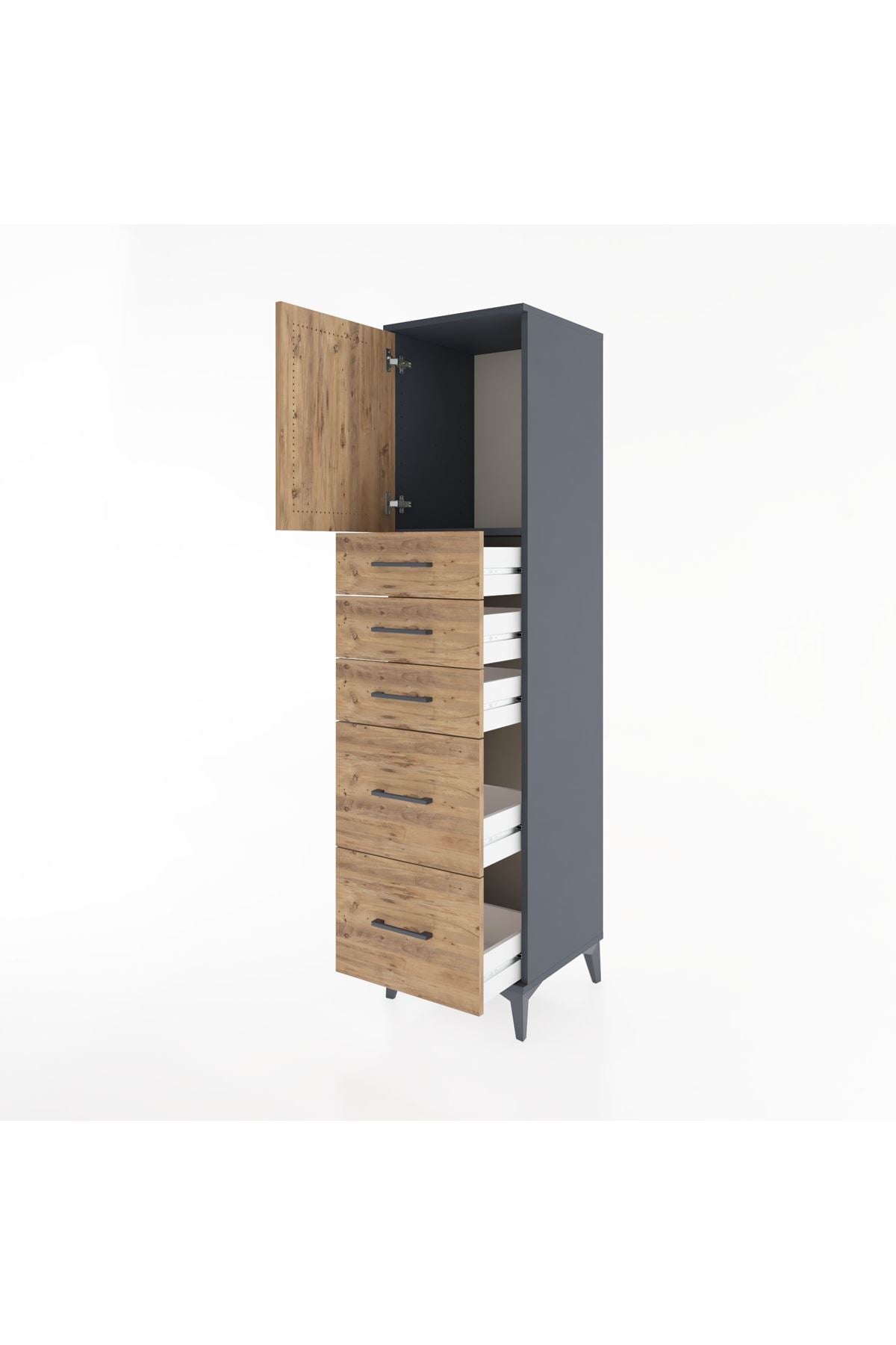 Hyperion Dolap Tek Raflı 5 Çekmeceli Tek Kapaklı 44x44x182 Antrasit-Çam