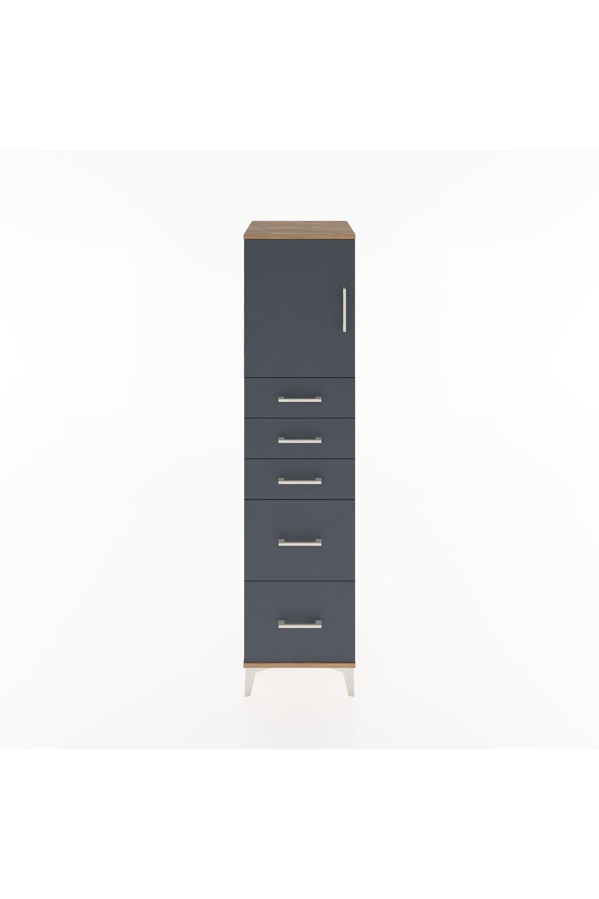 Hyperion Dolap Tek Raflı 5 Çekmeceli Tek Kapaklı 44x44x182 Çam-Antrasit