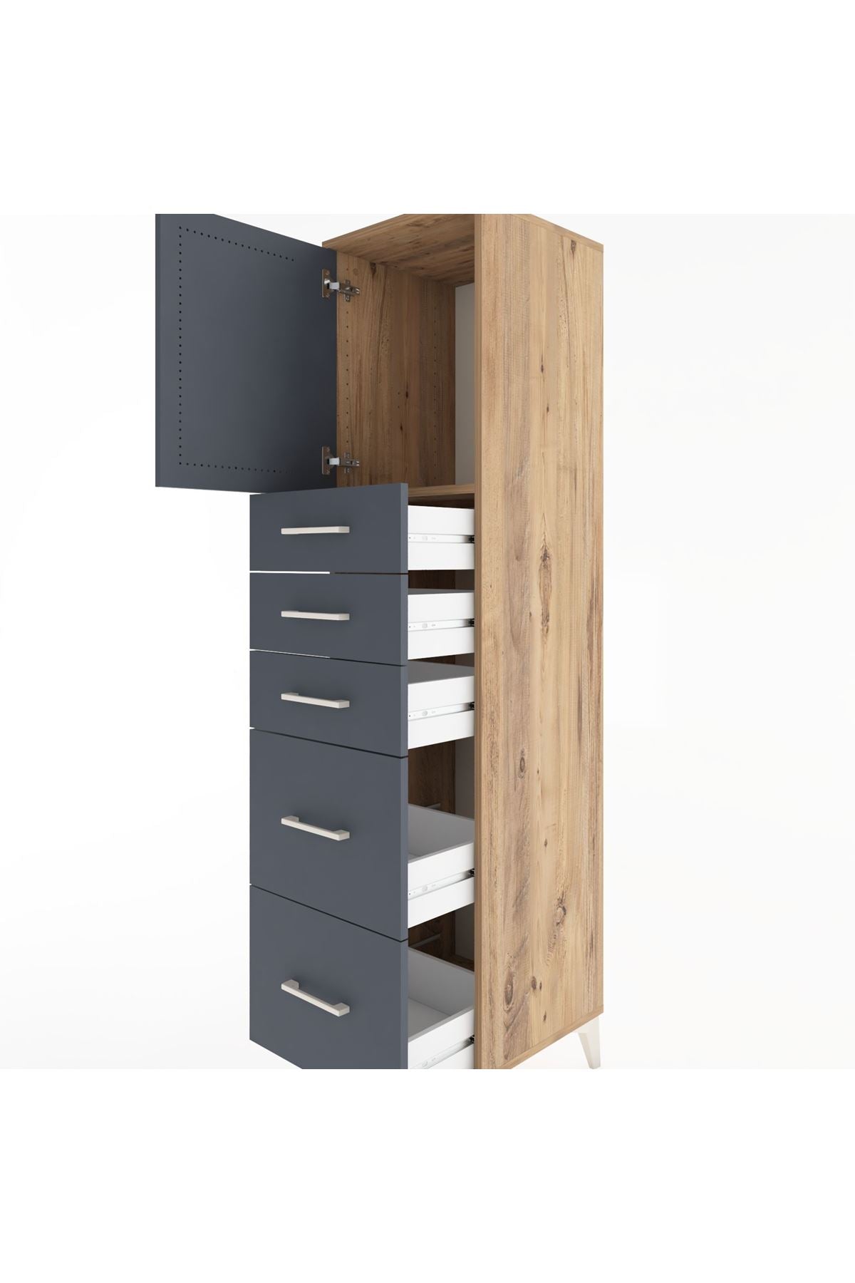 Hyperion Dolap Tek Raflı 5 Çekmeceli Tek Kapaklı 44x44x182 Çam-Antrasit
