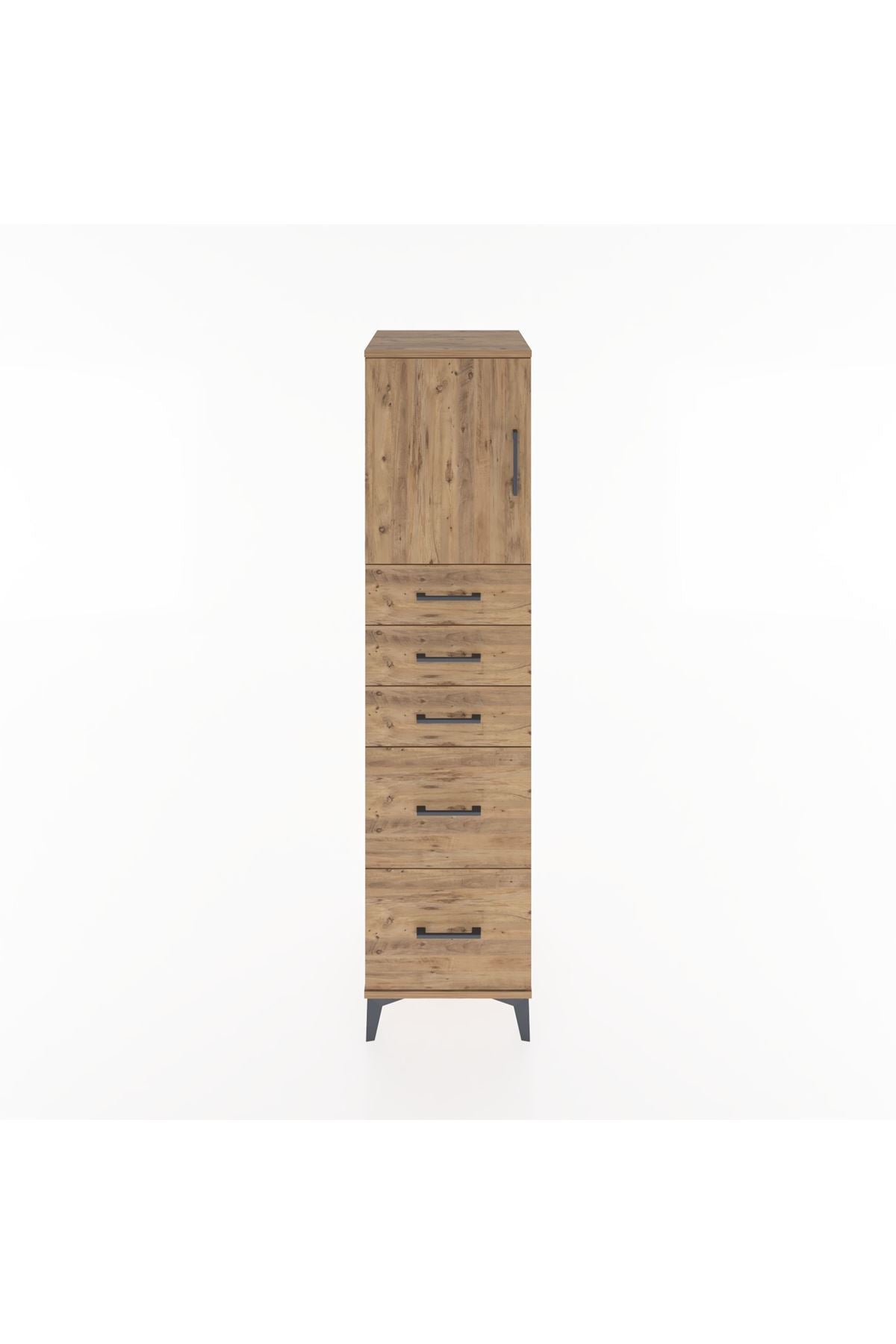 Hyperion Dolap Tek Raflı 5 Çekmeceli Tek Kapaklı 44x44x182 Çam-Çam