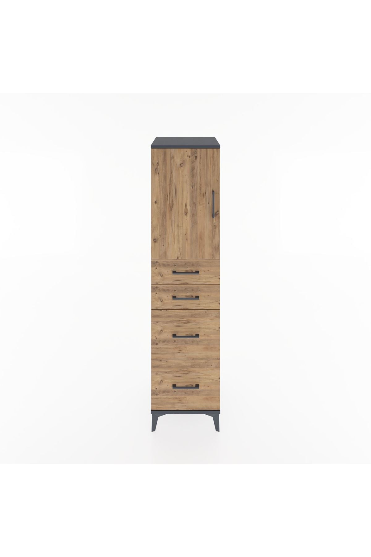 Hyperion Dolap Tek Raflı 4 Çekmeceli Tek Kapaklı 44x44x182 Antrasit-Çam