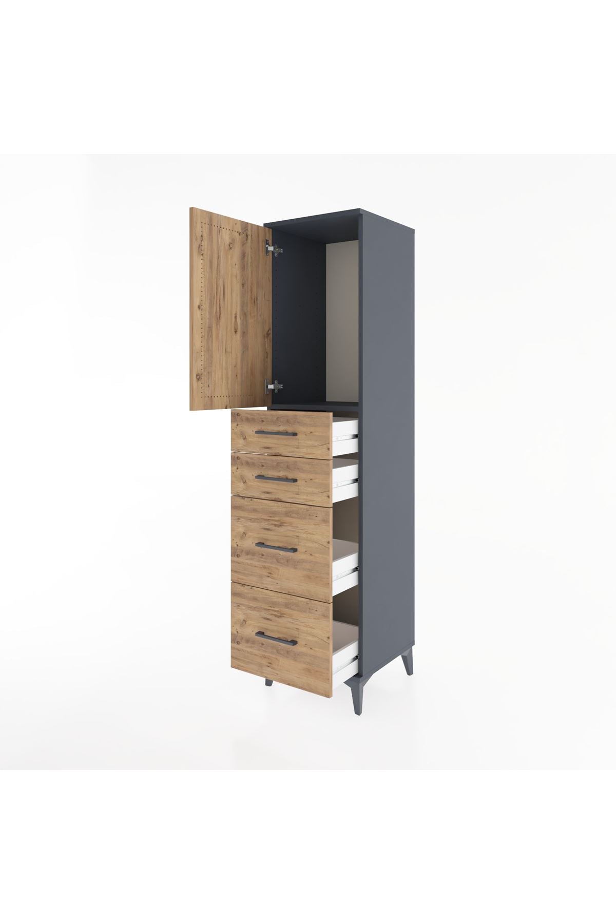 Hyperion Dolap Tek Raflı 4 Çekmeceli Tek Kapaklı 44x44x182 Antrasit-Çam