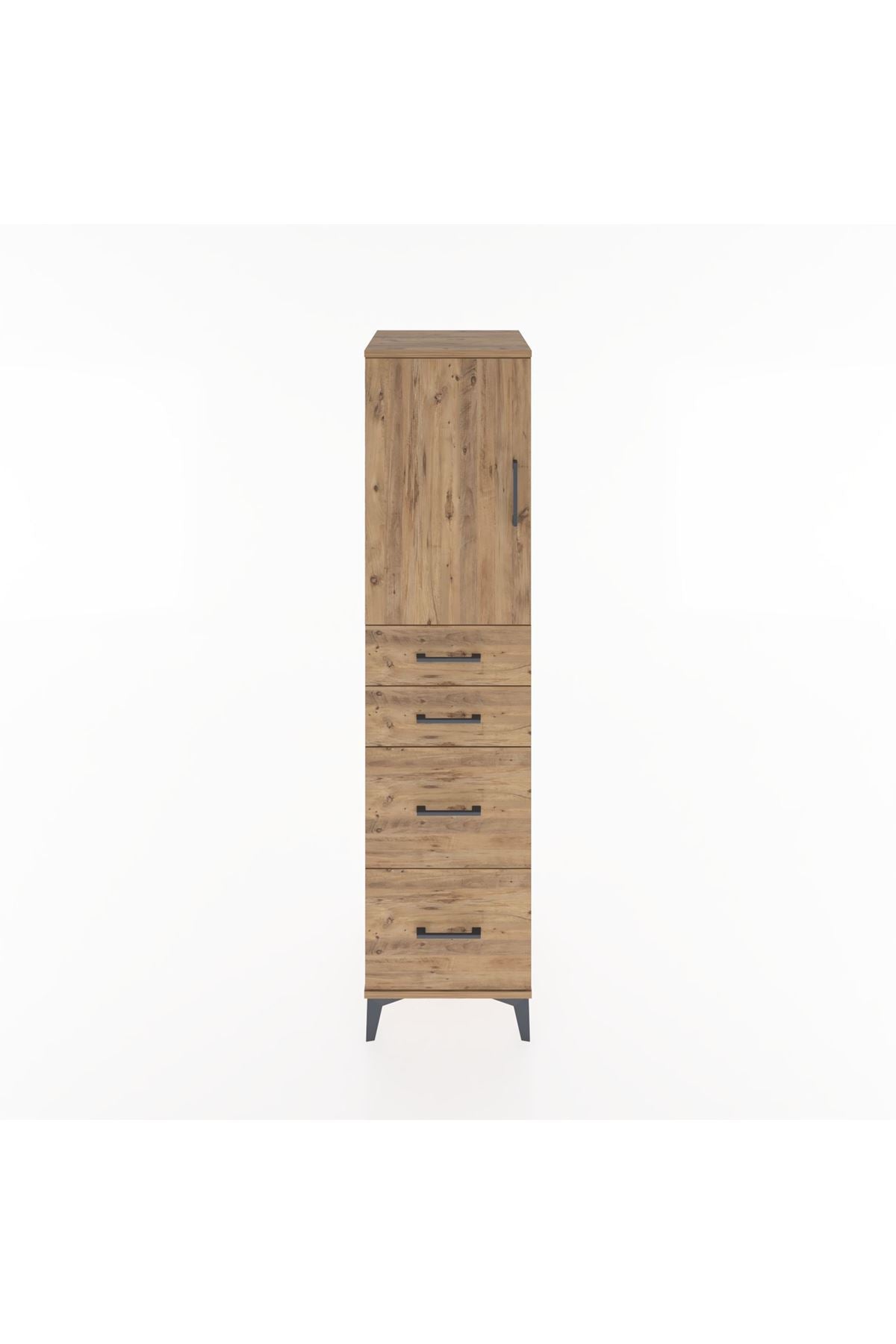 Hyperion Dolap Tek Raflı 4 Çekmeceli Tek Kapaklı 44x44x182 Çam-Çam