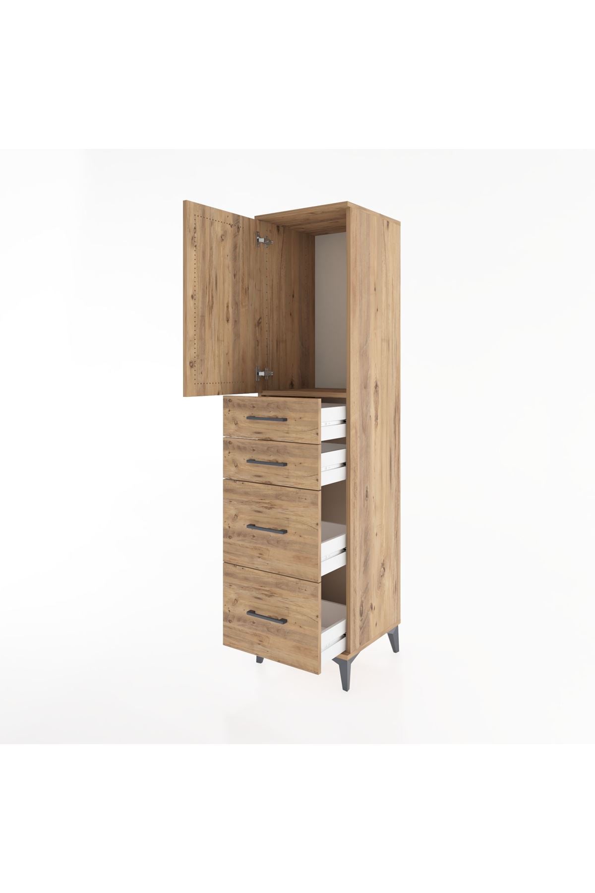 Hyperion Dolap Tek Raflı 4 Çekmeceli Tek Kapaklı 44x44x182 Çam-Çam