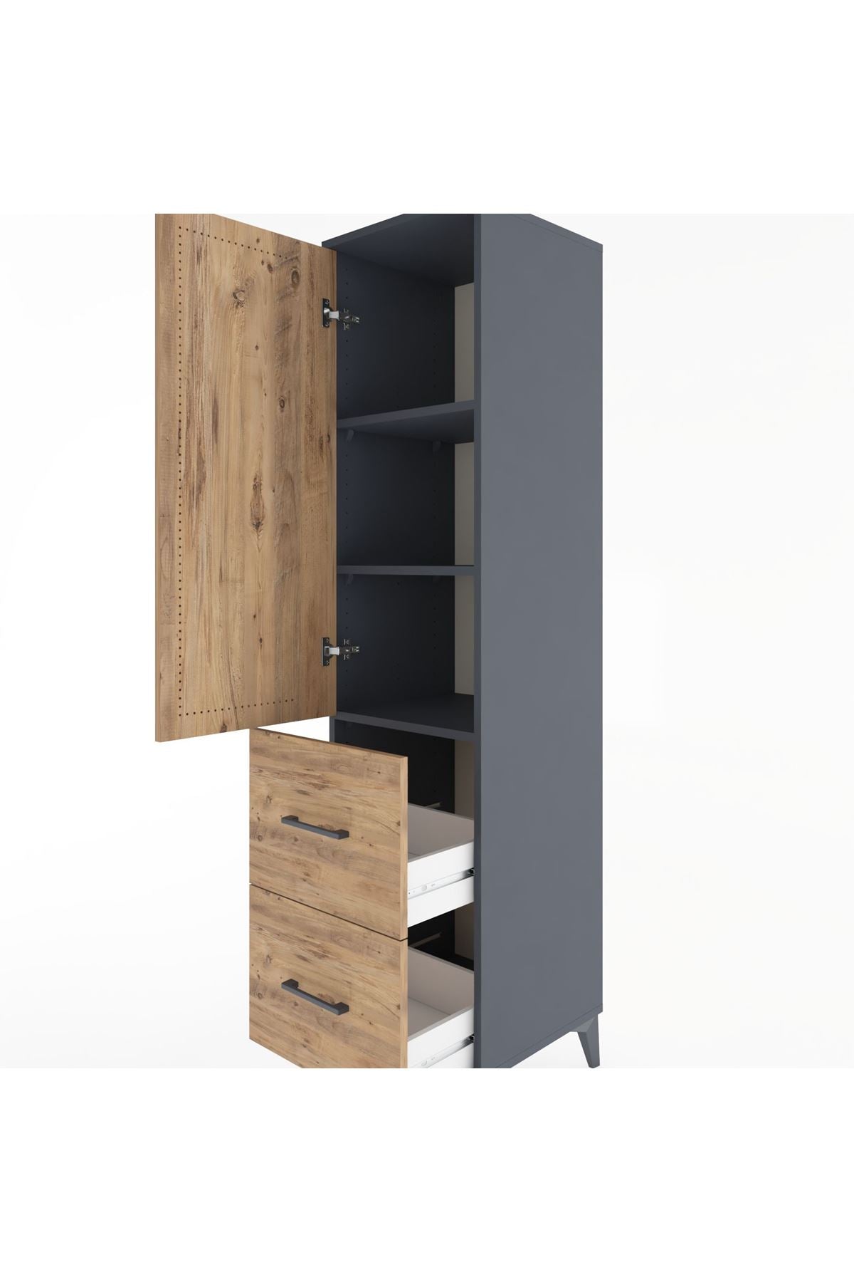 Hyperion Dolap 3 Raflı 2 Çekmeceli Tek Kapaklı 44x44x182 Antrasit-Çam