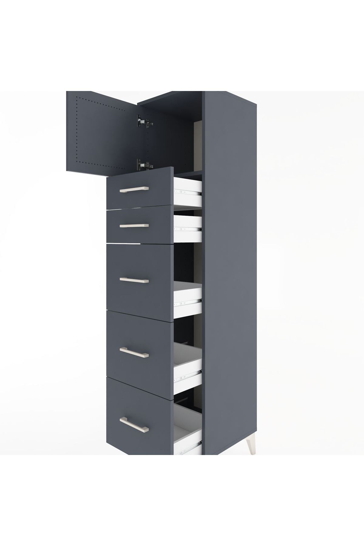 Hyperion Dolap Tek Raflı 5 Çekmeceli Tek Kapaklı 44x44x182 Antrasit-Antrasit