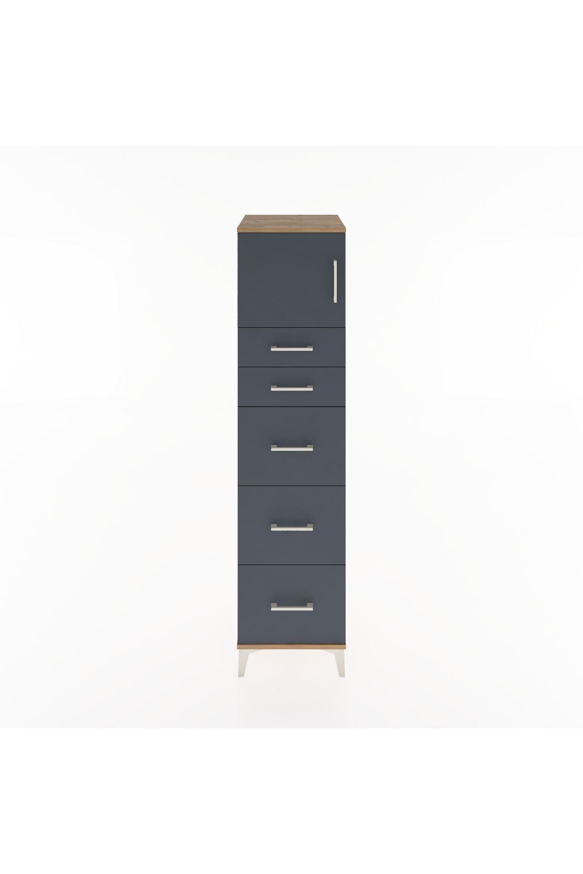 Hyperion Dolap Tek Raflı 5 Çekmeceli Tek Kapaklı 44x44x182 Çam-Antrasit