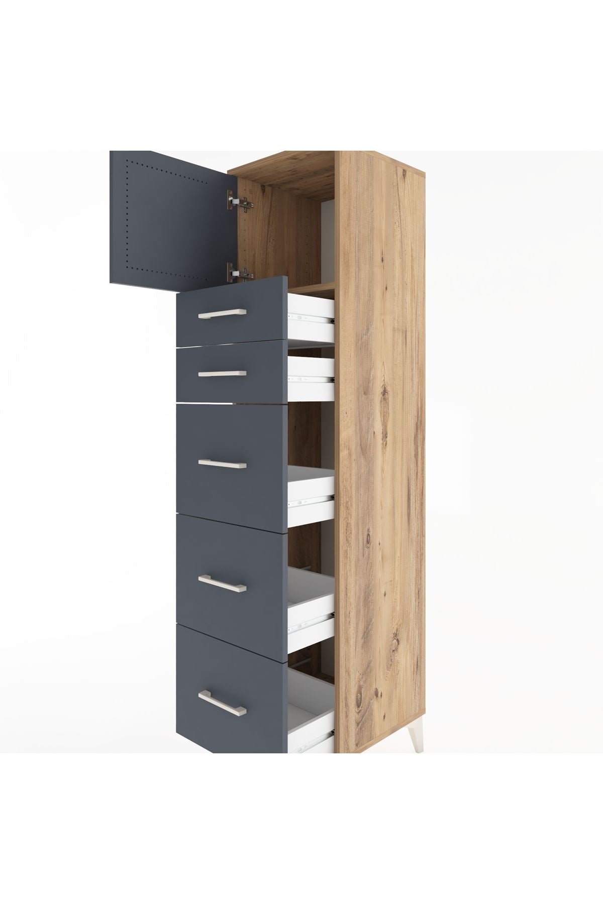 Hyperion Dolap Tek Raflı 5 Çekmeceli Tek Kapaklı 44x44x182 Çam-Antrasit
