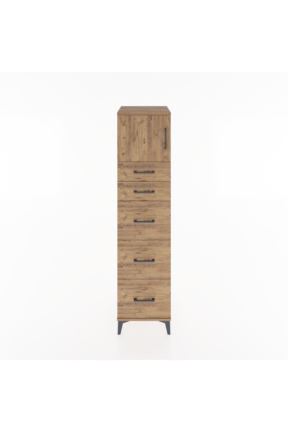 Hyperion Dolap Tek Raflı 5 Çekmeceli Tek Kapaklı 44x44x182 Çam-Çam