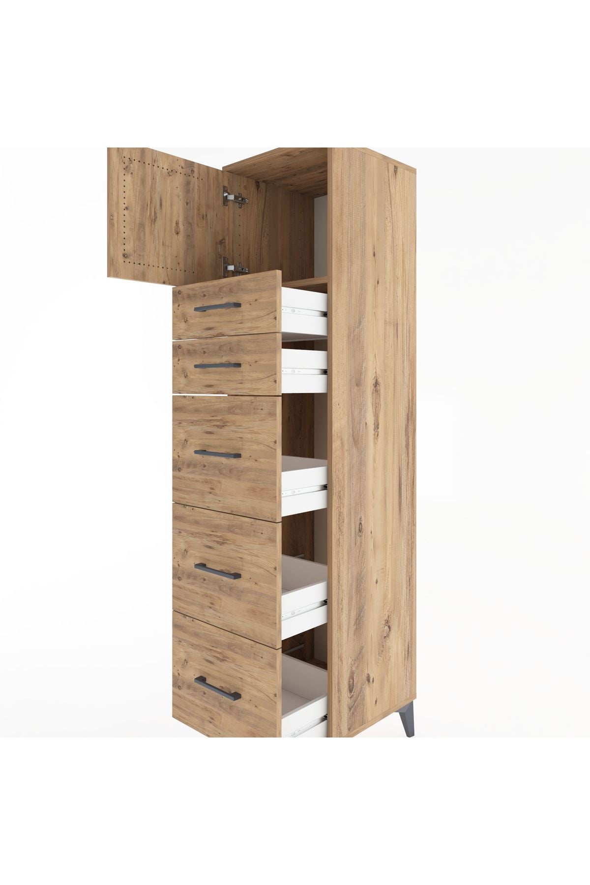 Hyperion Dolap Tek Raflı 5 Çekmeceli Tek Kapaklı 44x44x182 Çam-Çam