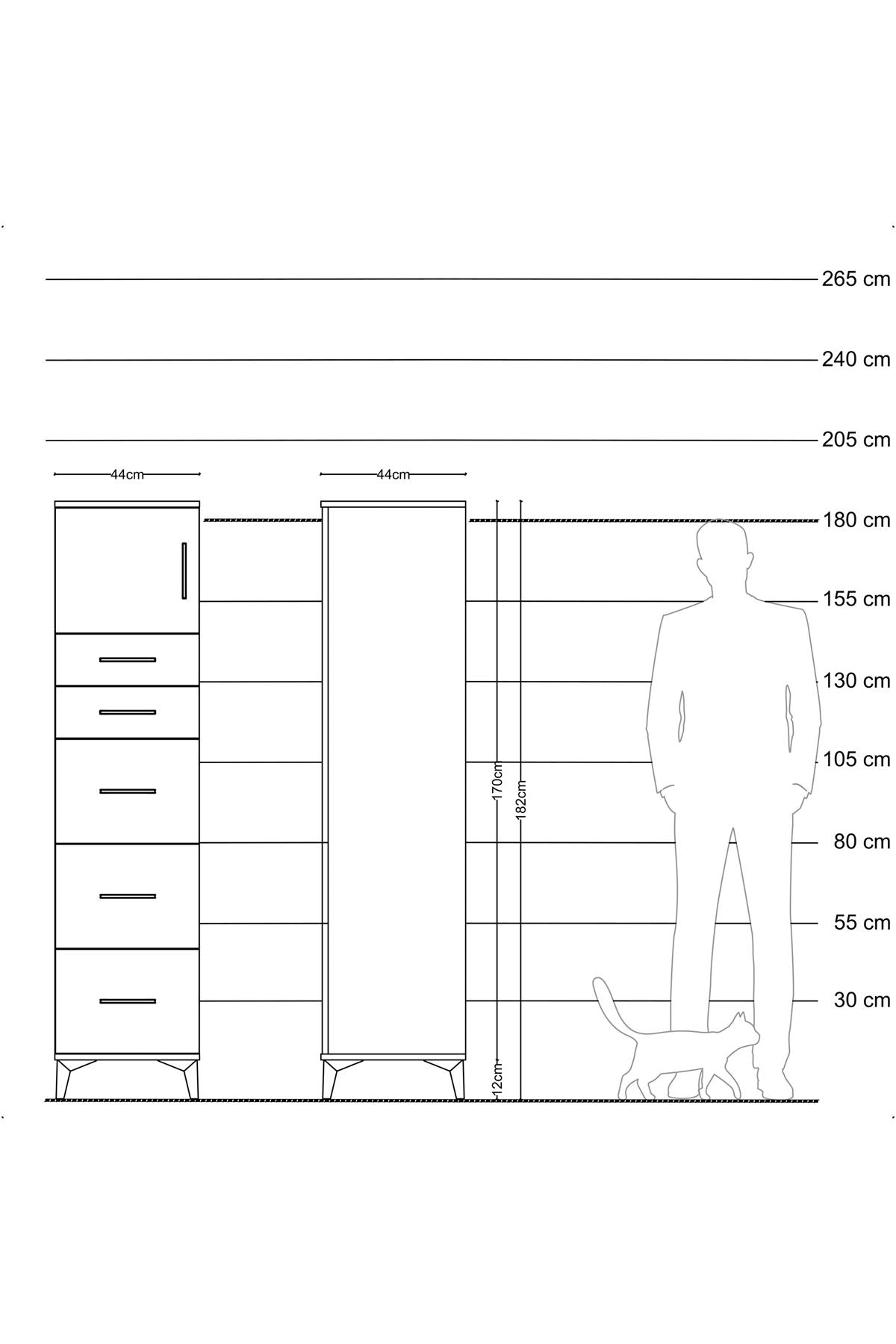 Hyperion Dolap Tek Raflı 5 Çekmeceli Tek Kapaklı 44x44x182 Çam-Çam