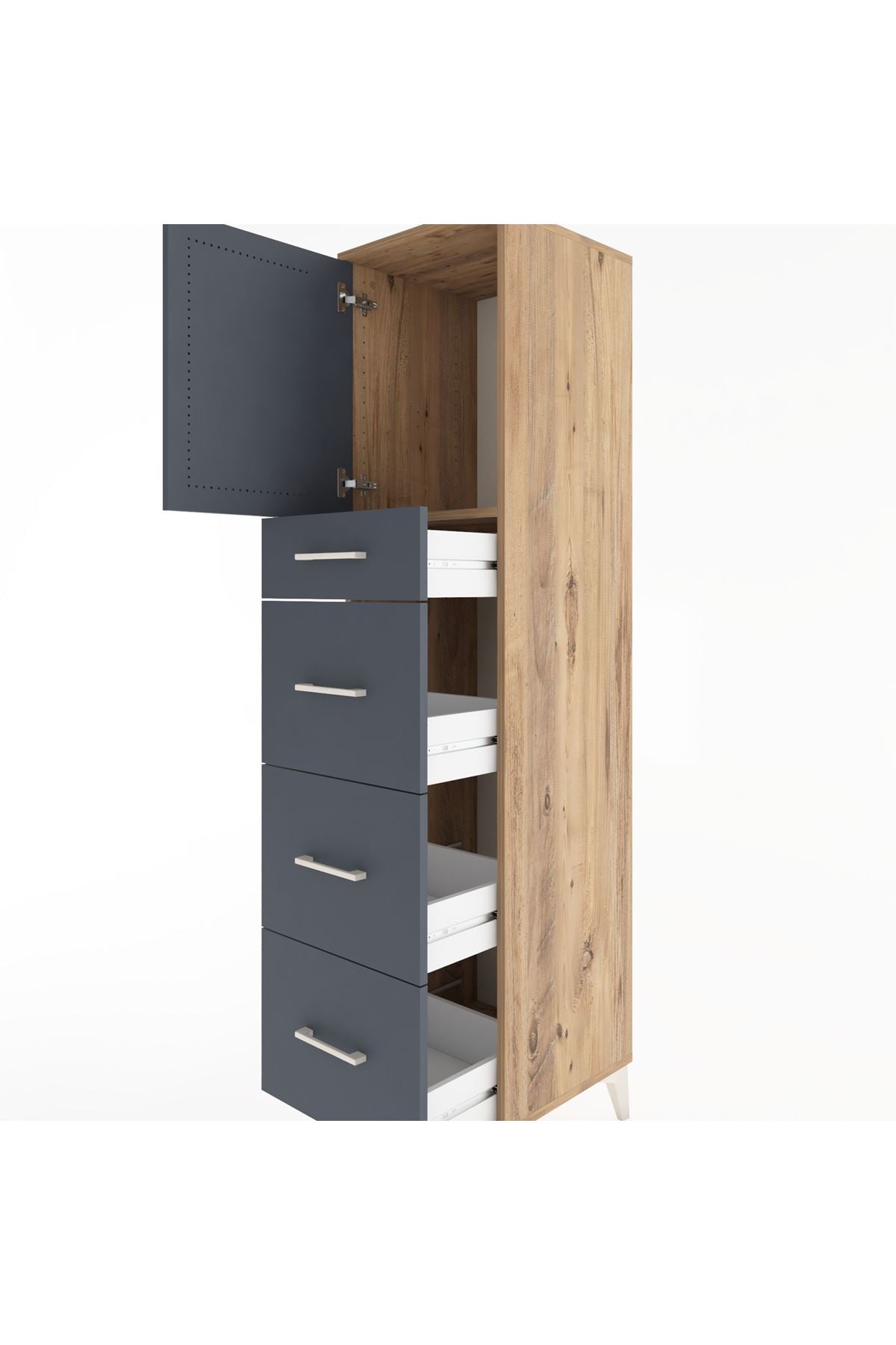 Hyperion Dolap Tek Raflı 4 Çekmeceli Tek Kapaklı 44x44x182 Çam-Antrasit