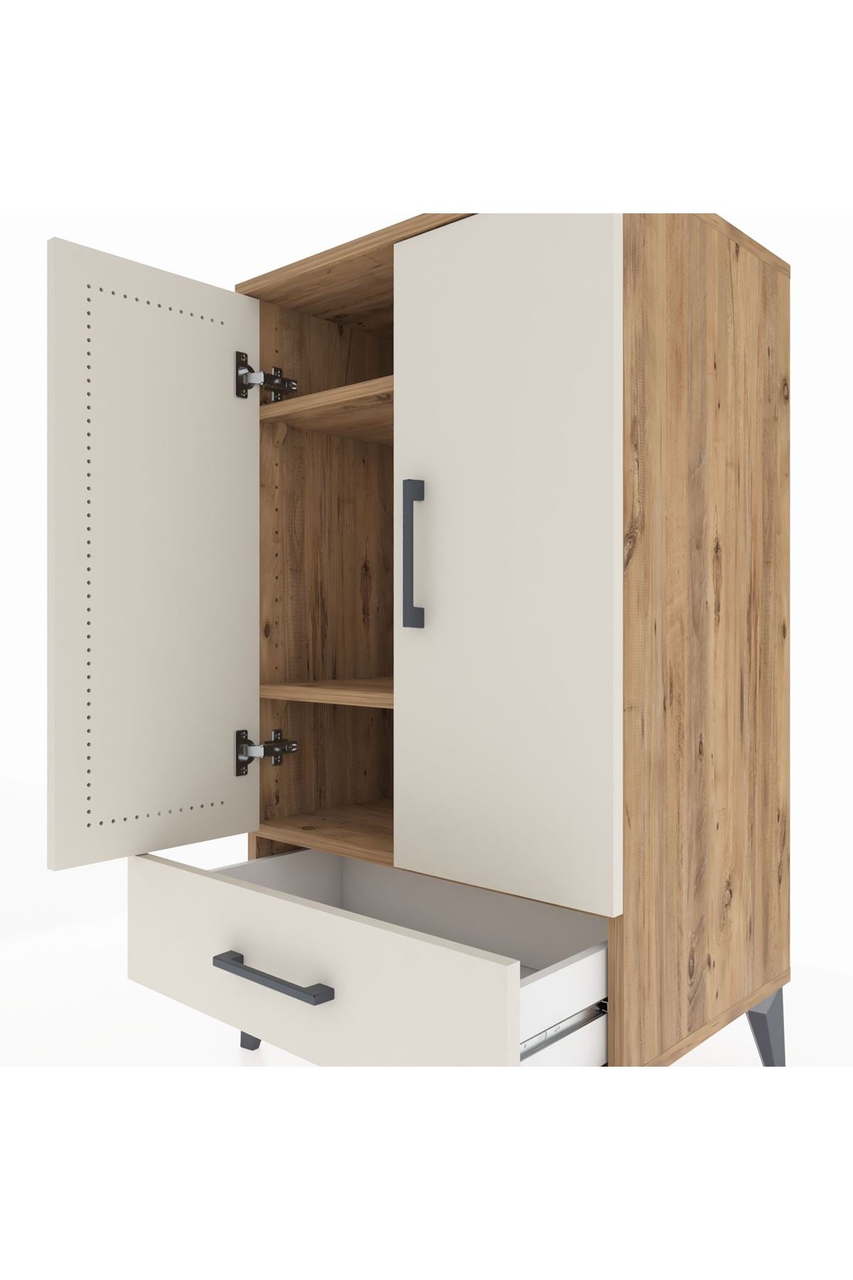 Hyperion Komodin 3 Raflı Tek Çekmeceli 2 Kapaklı 60x44x106 Çam-Aytaşı