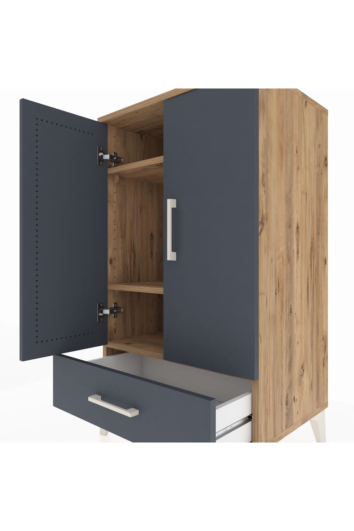 Hyperion Komodin 3 Raflı Tek Çekmeceli 2 Kapaklı 60x44x106 Çam-Antrasit