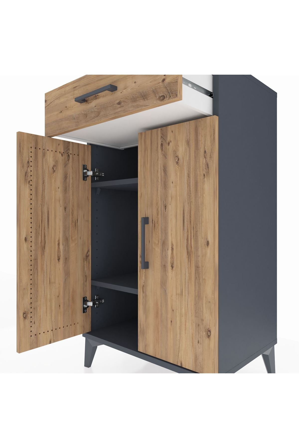 Hyperion Komodin 2 Raflı Tek Çekmeceli 2 Kapaklı 60x44x106 Antrasit-Çam