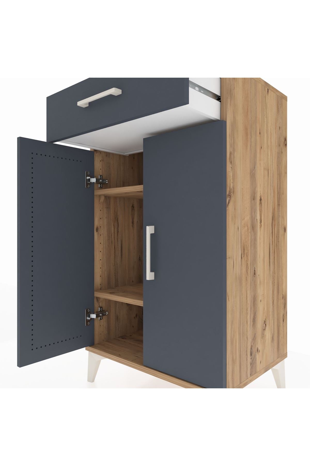 Hyperion Komodin 2 Raflı Tek Çekmeceli 2 Kapaklı 60x44x106 Çam-Antrasit