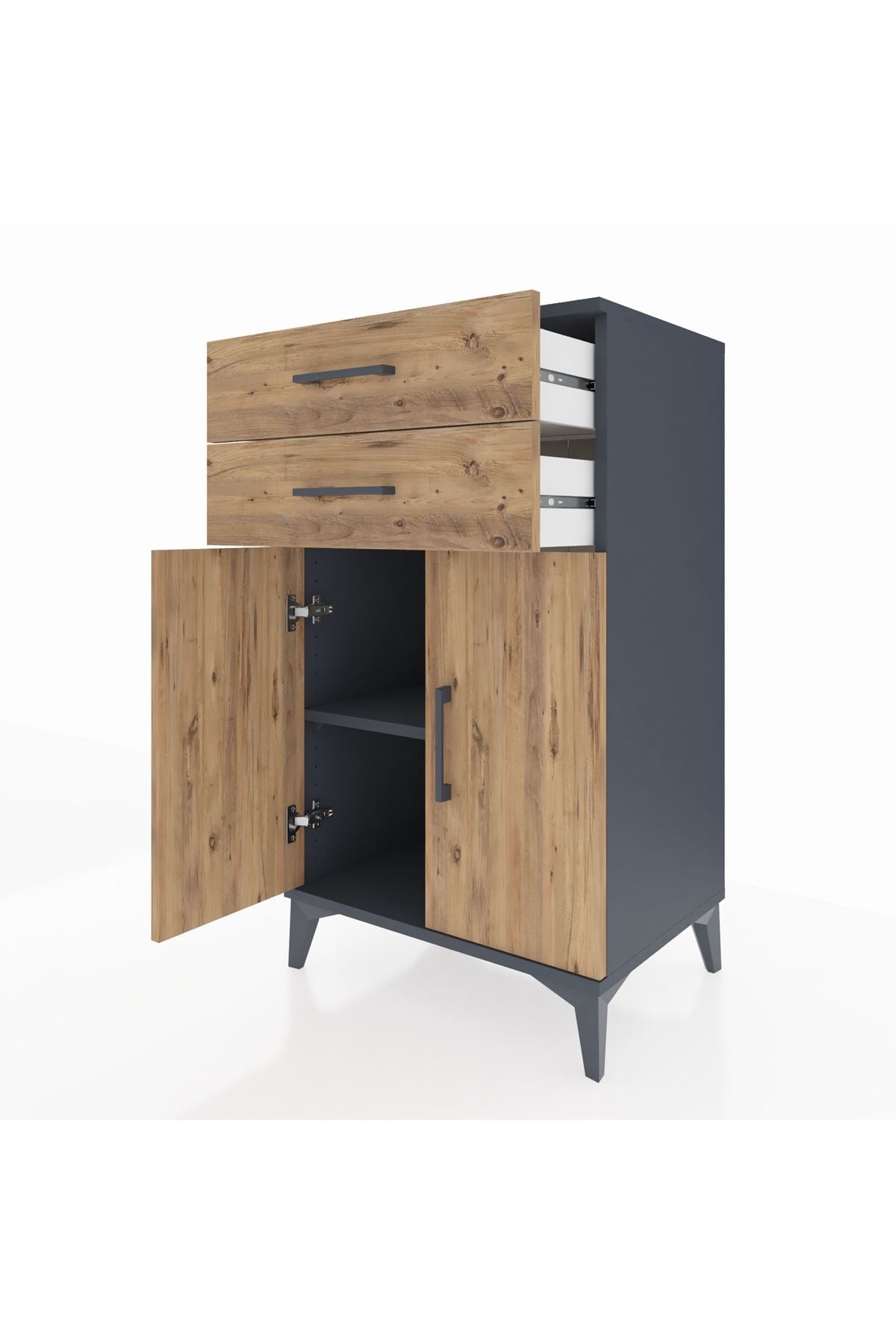 Hyperion Komodin Tek Raflı 2 Çekmeceli 2 Kapaklı 60x44x106 Antrasit-Çam