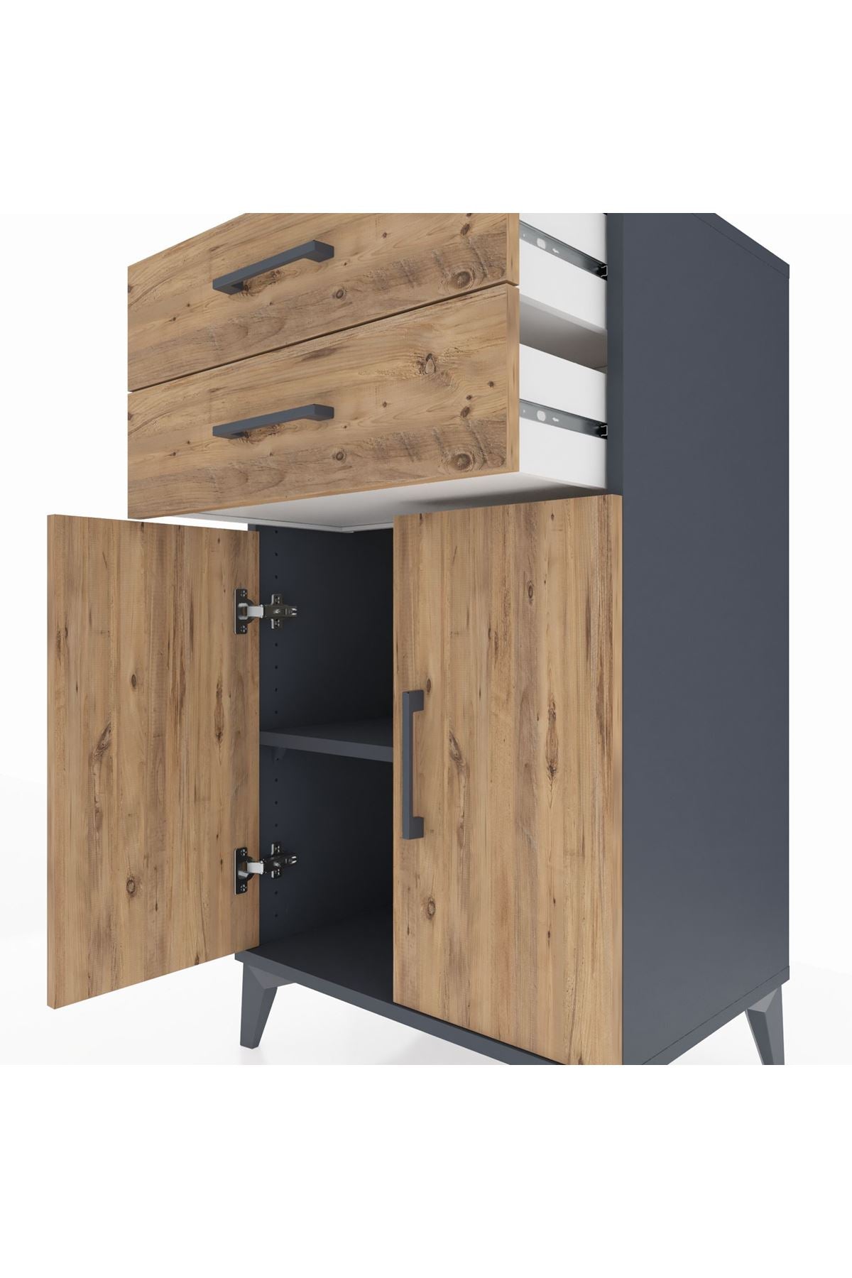 Hyperion Komodin Tek Raflı 2 Çekmeceli 2 Kapaklı 60x44x106 Antrasit-Çam