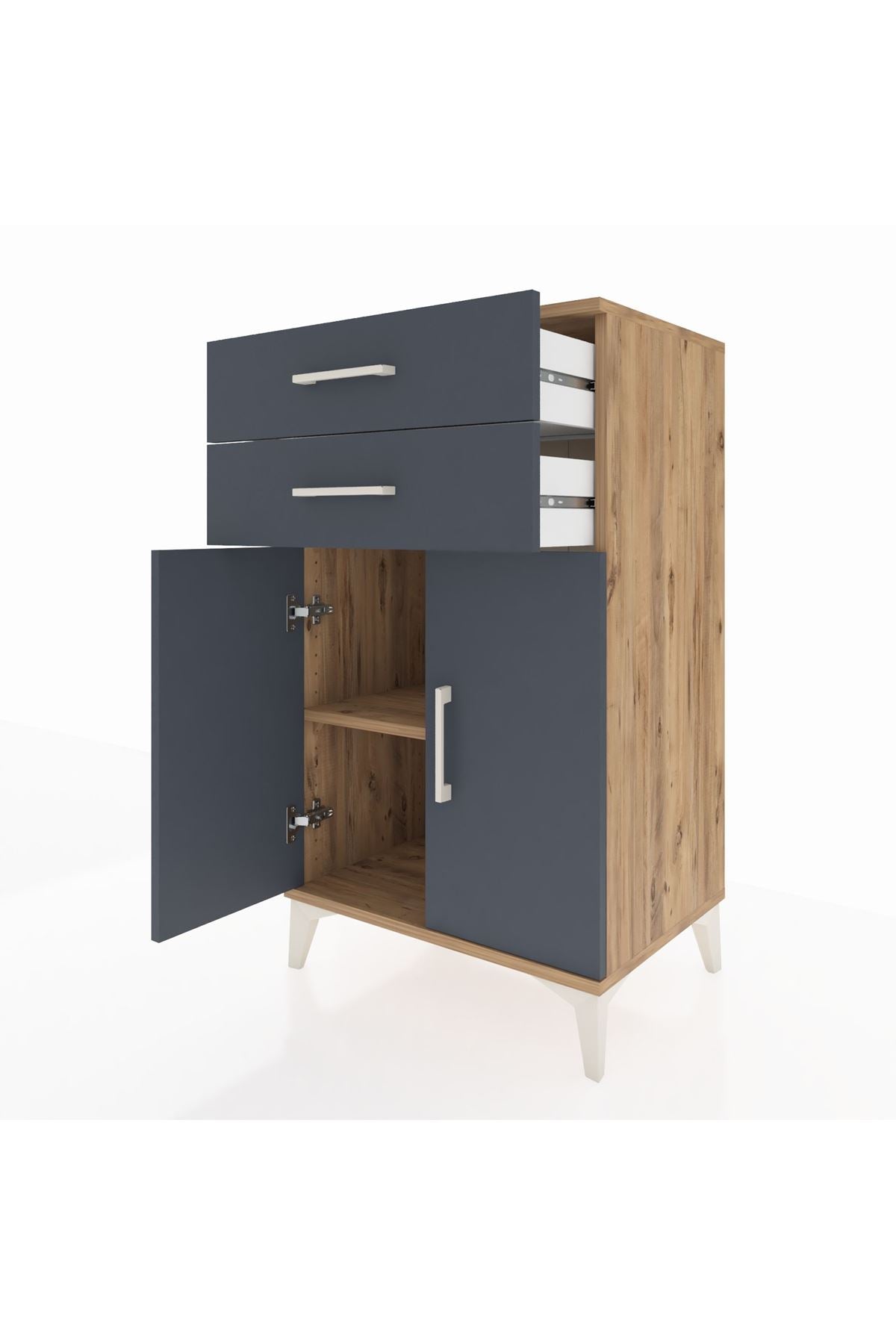 Hyperion Komodin Tek Raflı 2 Çekmeceli 2 Kapaklı 60x44x106 Çam-Antrasit