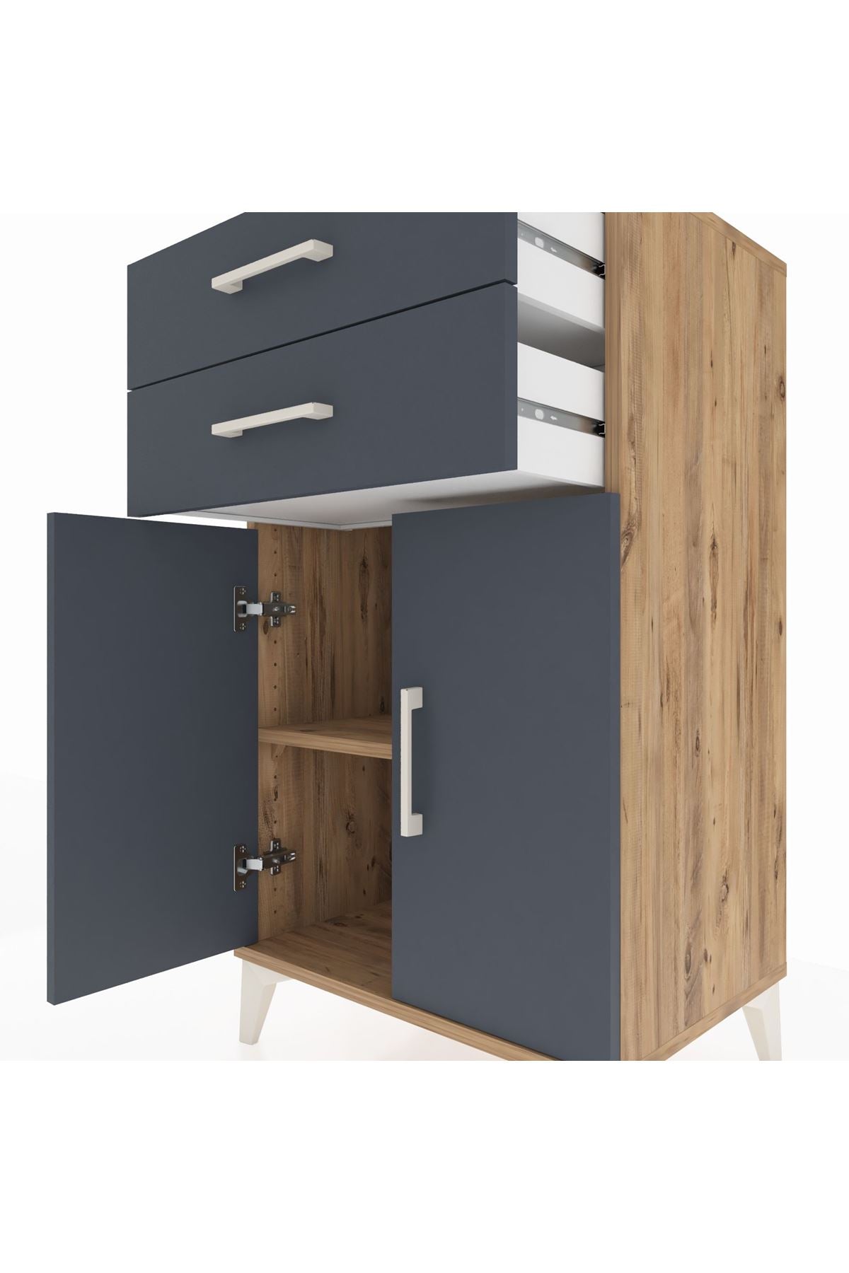 Hyperion Komodin Tek Raflı 2 Çekmeceli 2 Kapaklı 60x44x106 Çam-Antrasit