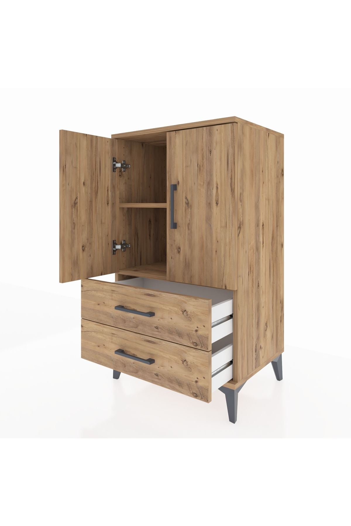 Hyperion Komodin 2 Raflı 2 Çekmeceli 2 Kapaklı 60x44x106 Çam-Çam