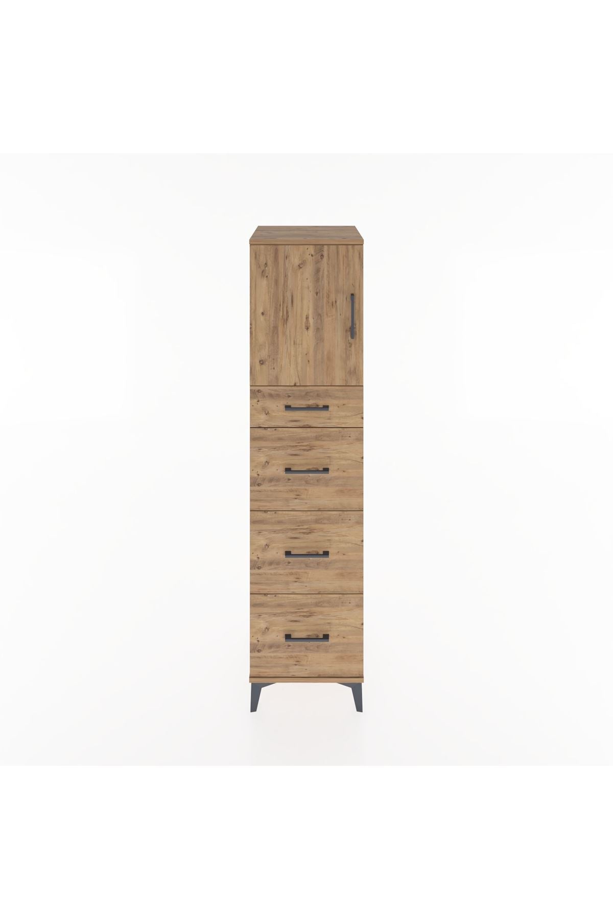 Hyperion Dolap Tek Raflı 4 Çekmeceli Tek Kapaklı 44x44x182 Çam-Çam